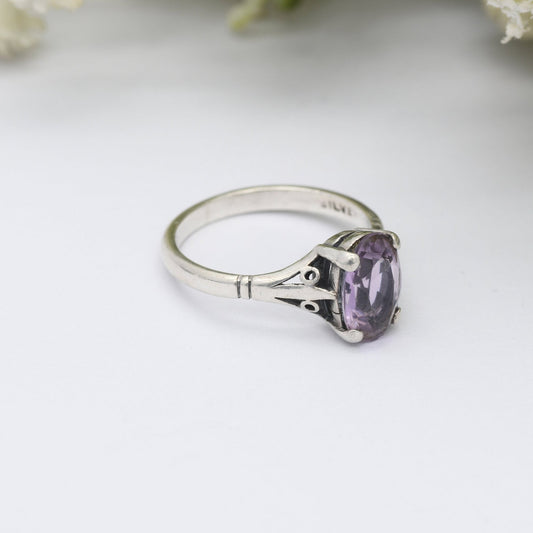 Vintage Sterling Silver Amethyst Ring - Dainty Solitaire | Large Purple Stone | UK Size - M 1/2 | US Size - 6 1/2