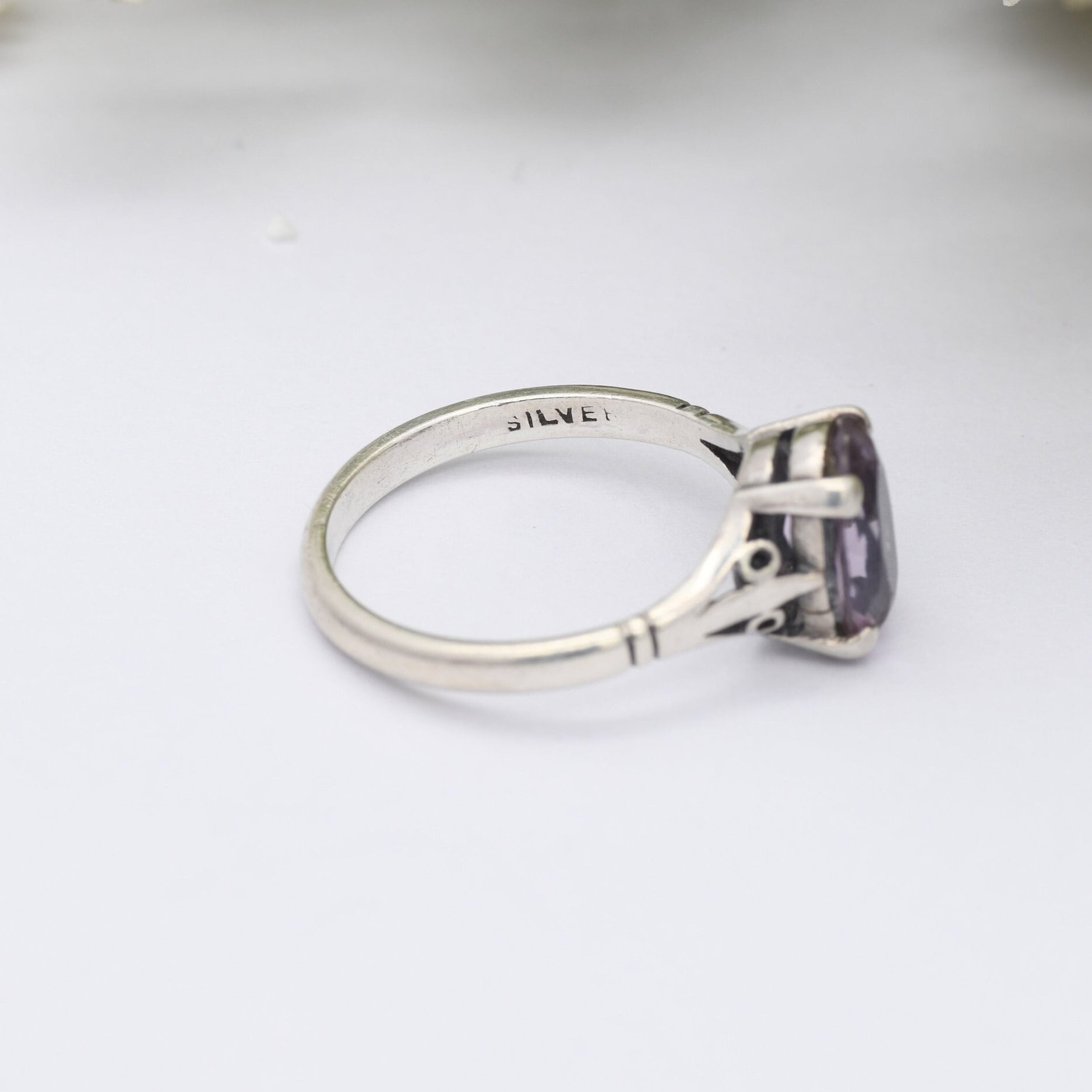 Vintage Sterling Silver Amethyst Ring - Dainty Solitaire | Large Purple Stone | UK Size - M 1/2 | US Size - 6 1/2