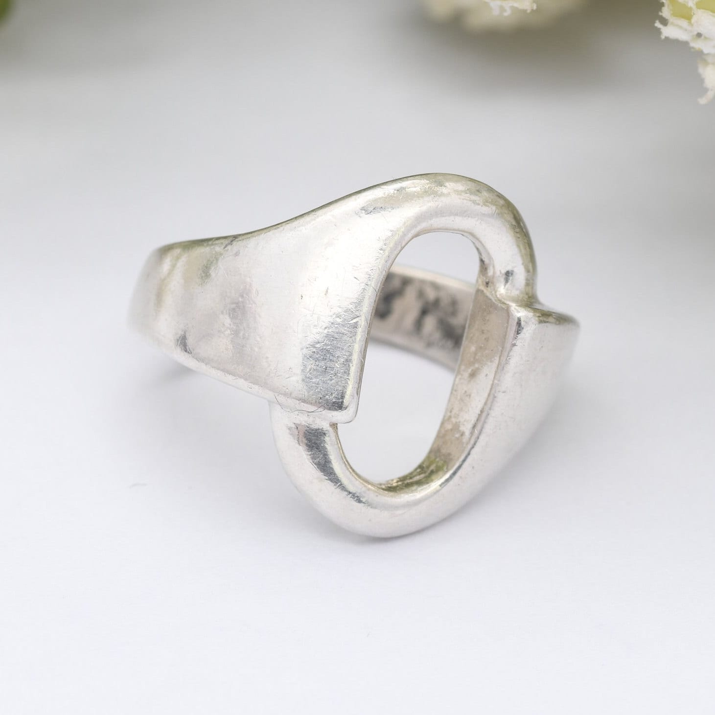 Vintage Chunky Sterling Silver Ring - Open Front Mid-Century Design | Adjustable Band | Pinkie Ring | UK Size - I | US Size - 4 1/4