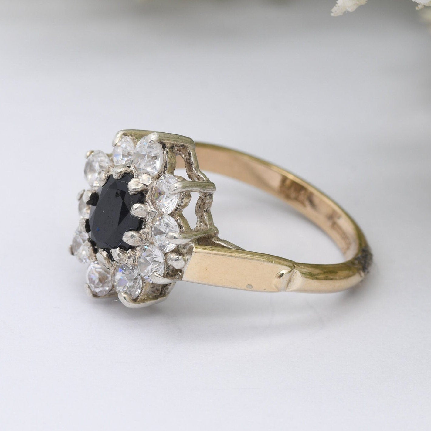 Vintage Sterling Silver Sapphire CZ Halo Flower Ring 1989 by Bracelon - Golsil Gold Plated Cocktail Ring | UK Size - L 1/2 | US Size - 6