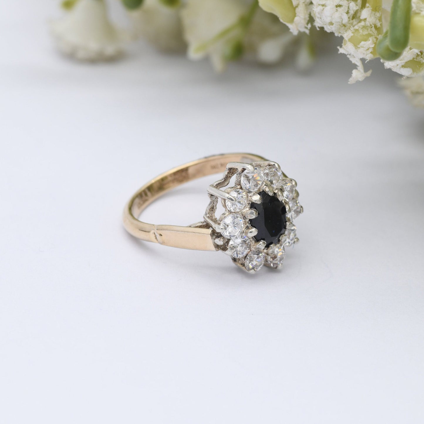 Vintage Sterling Silver Sapphire CZ Halo Flower Ring 1989 by Bracelon - Golsil Gold Plated Cocktail Ring | UK Size - L 1/2 | US Size - 6