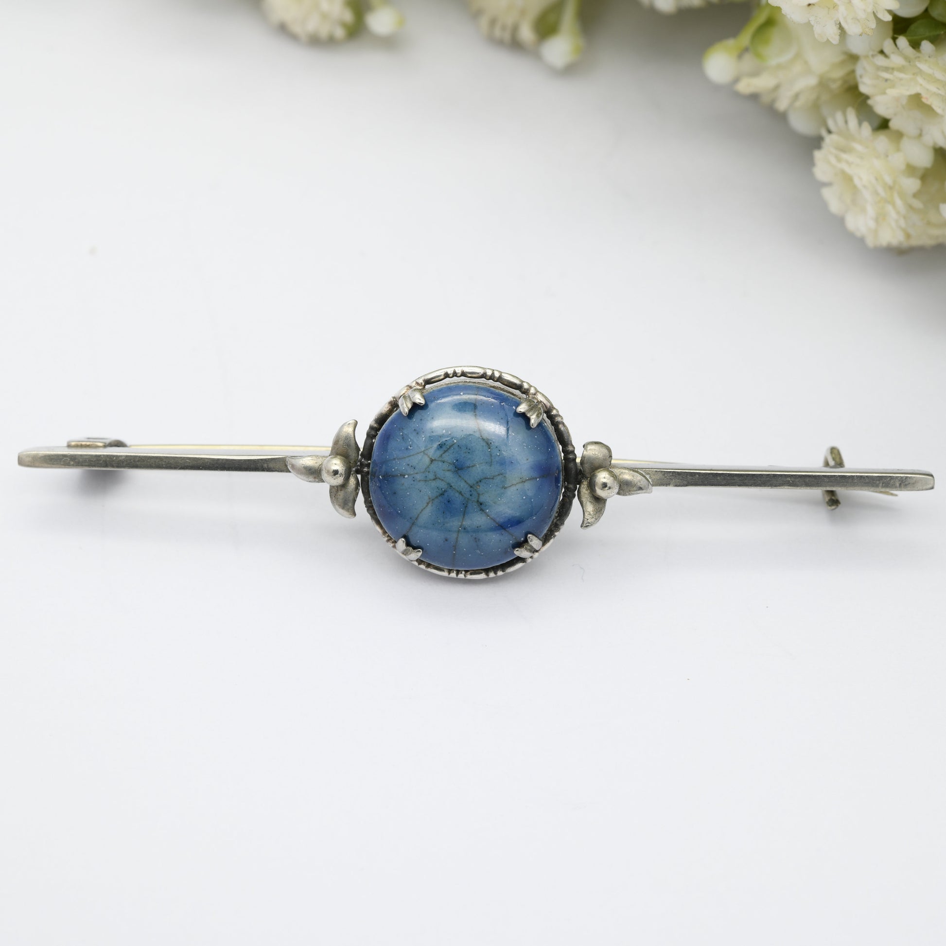 Antique Arts and Crafts Sterling Silver Bar Brooch with Glazed Blue Ceramic