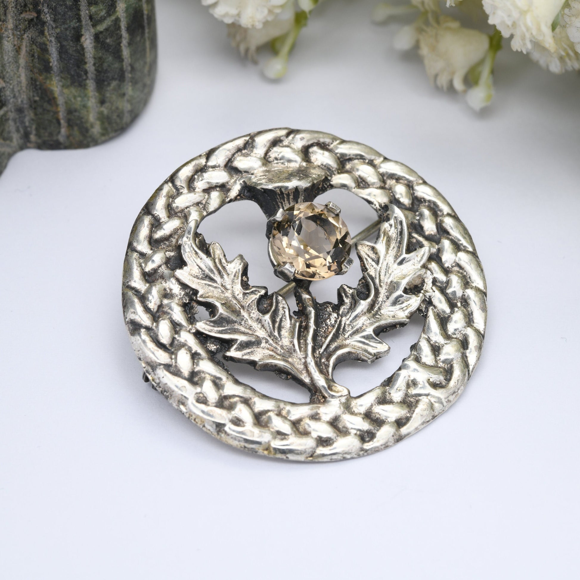 Vintage Ward Brothers Scottish Sterling Silver Brooch 1960 - Large Thistle Large Celtic Knot Circle with Smoky Quartz