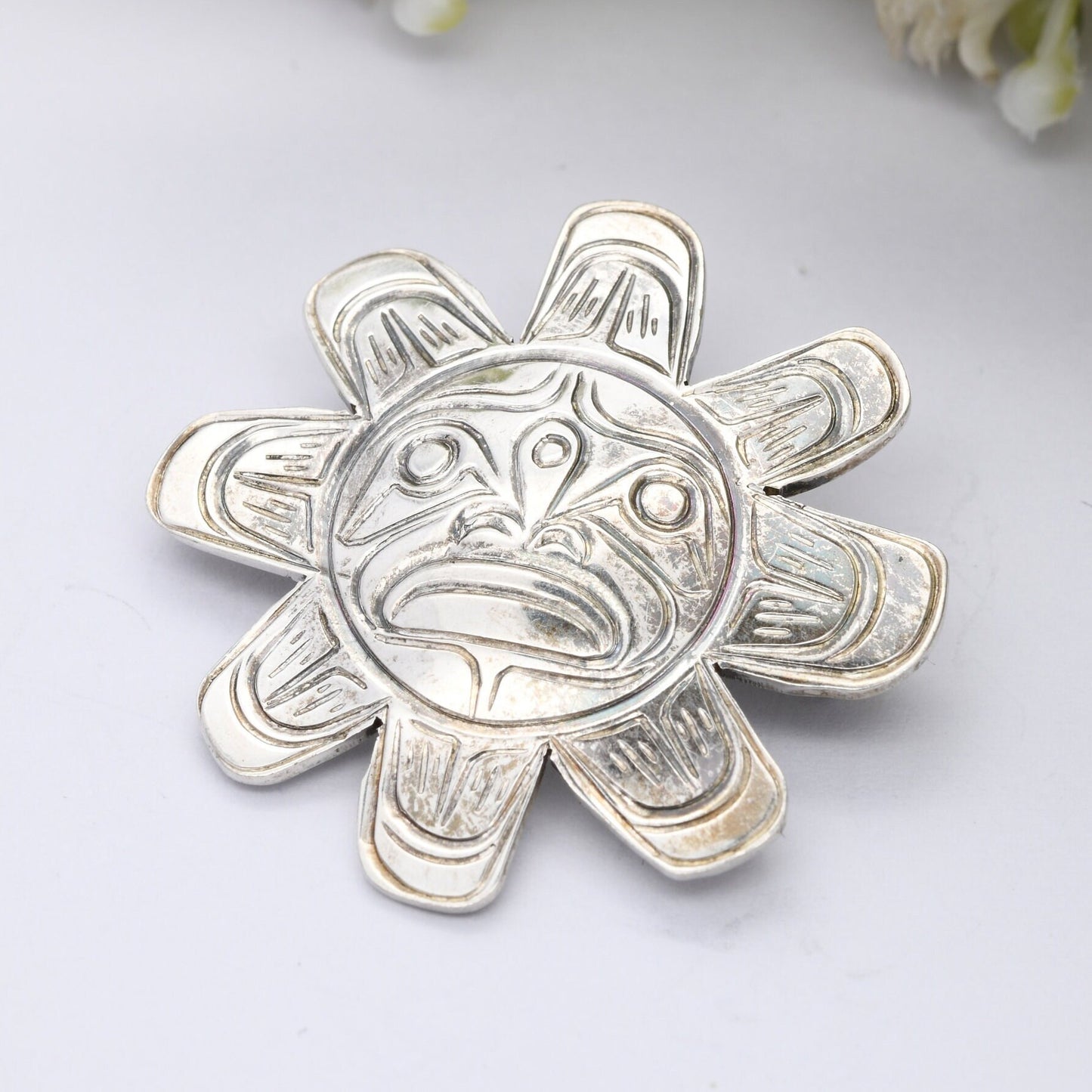 Vintage First Nations Sun Brooch Pendant Sterling Silver - Signed by Artist | Kwakwakaʼwakw Lancaster