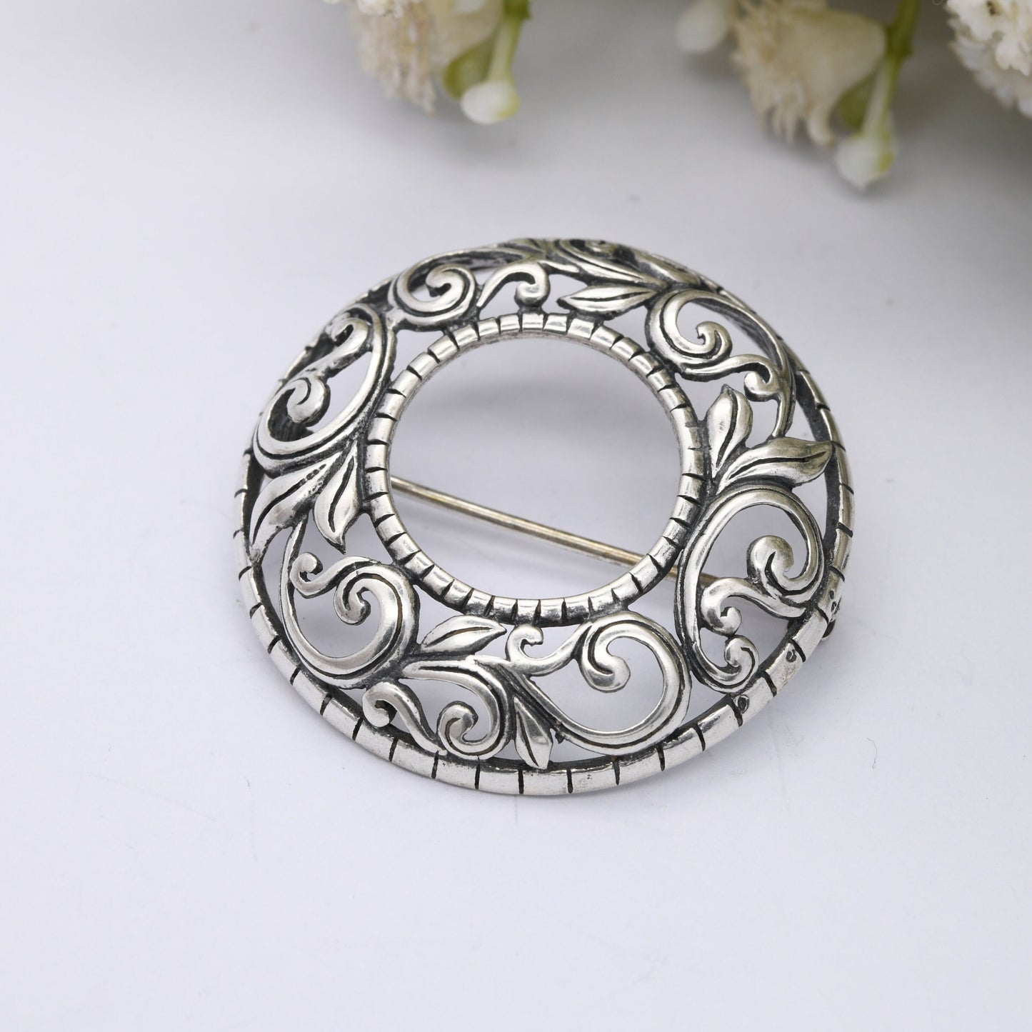 Vintage Sterling Silver Scrolling Wreath Brooch - Openwork Floral Leaves