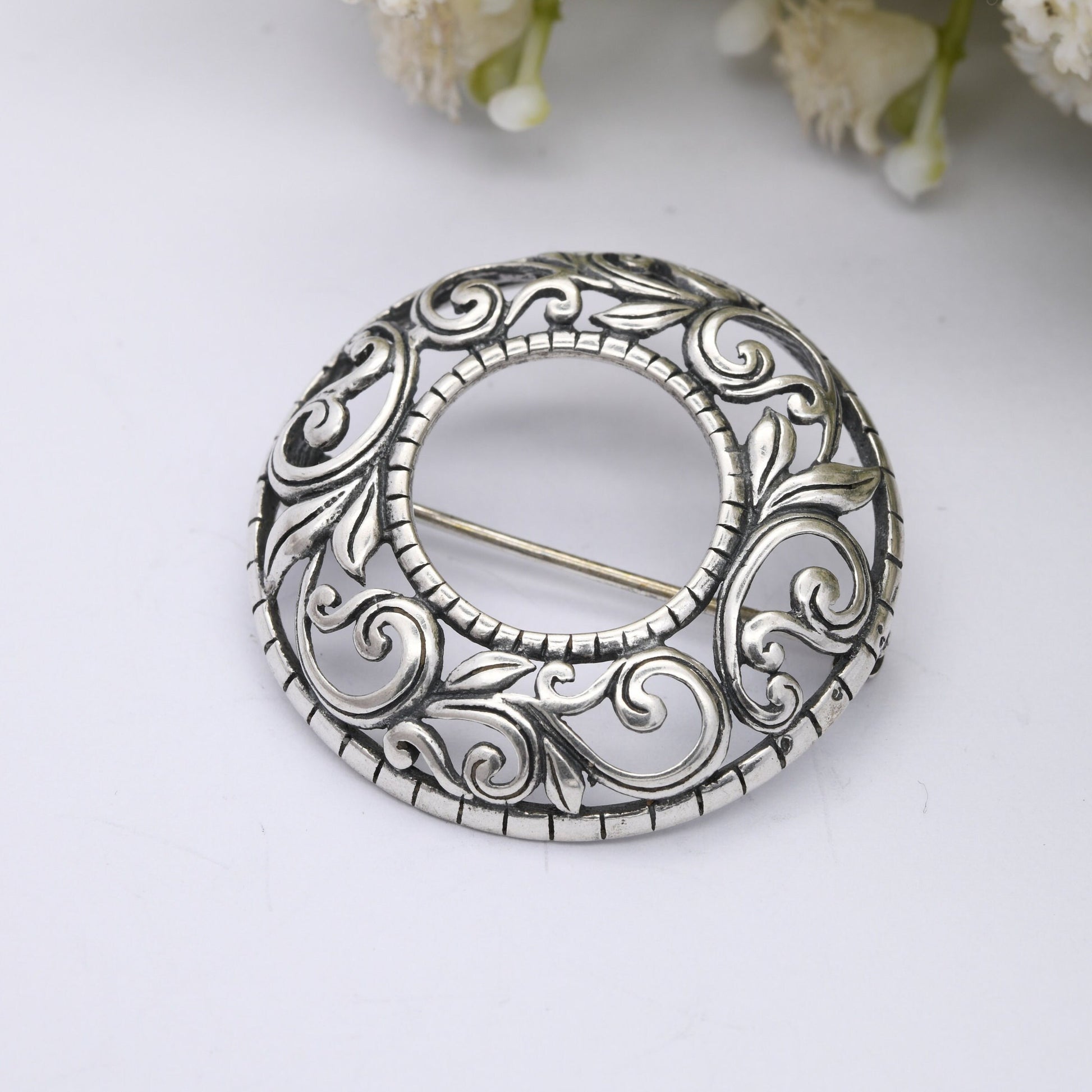 Vintage Sterling Silver Scrolling Wreath Brooch - Openwork Floral Leaves