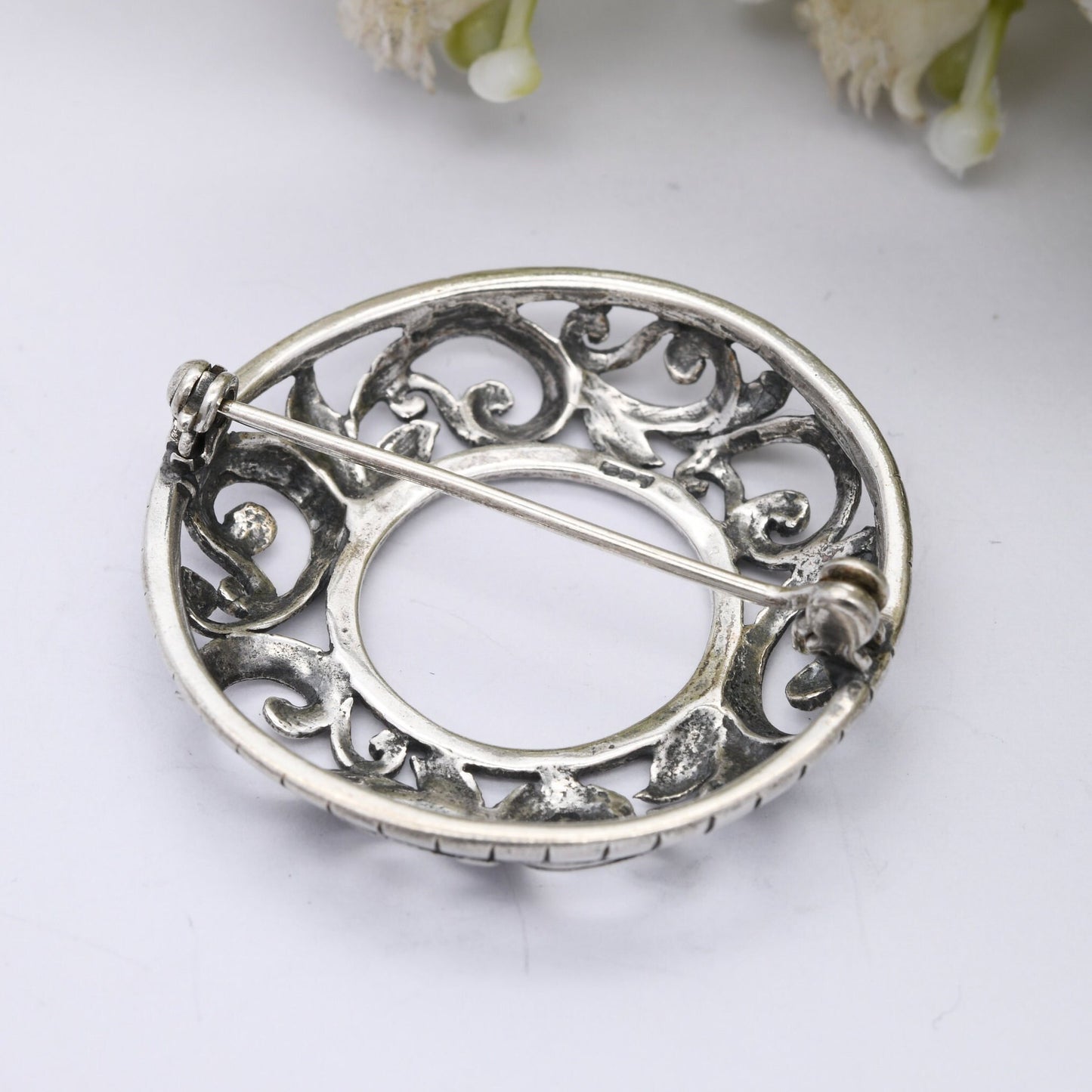 Vintage Sterling Silver Scrolling Wreath Brooch - Openwork Floral Leaves