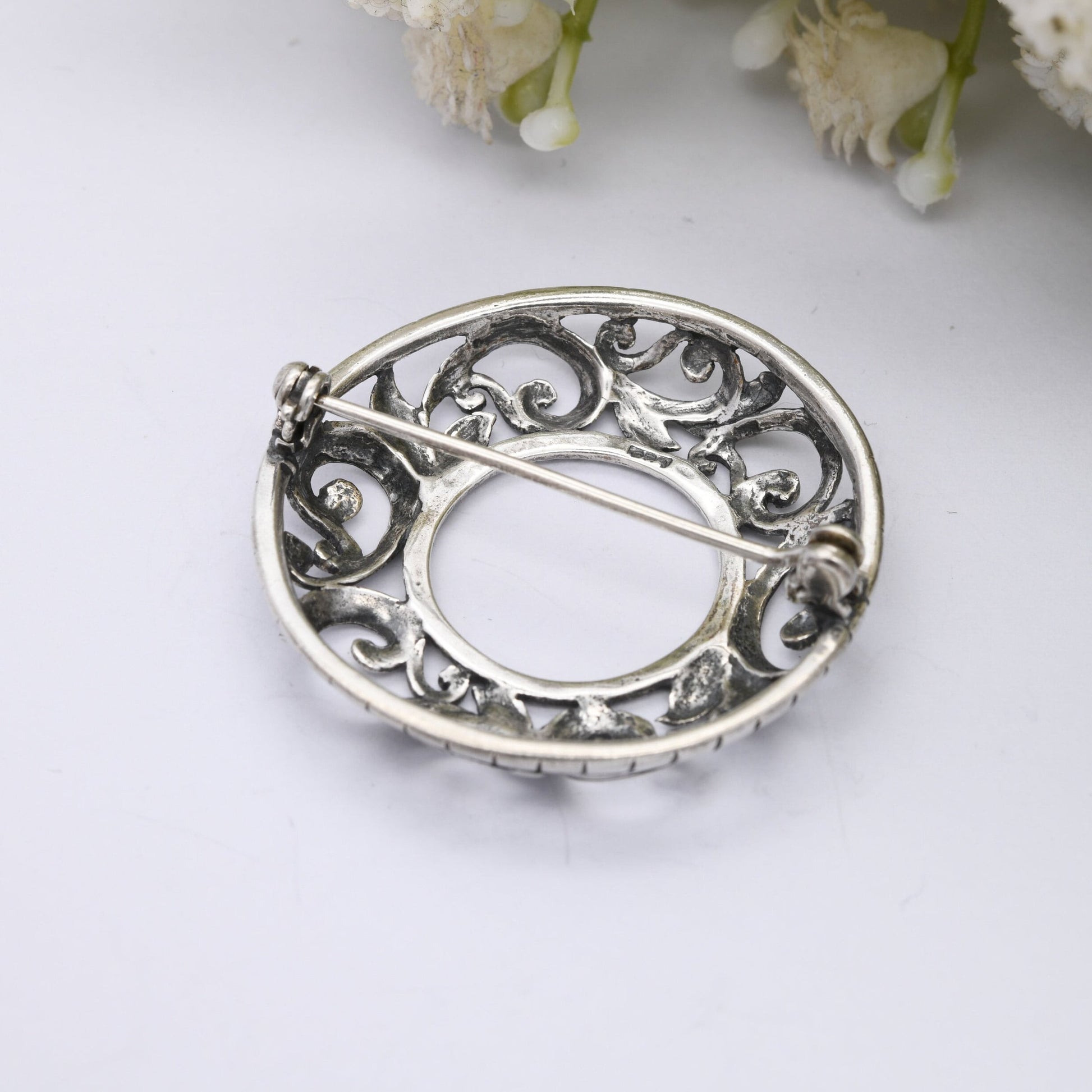 Vintage Sterling Silver Scrolling Wreath Brooch - Openwork Floral Leaves