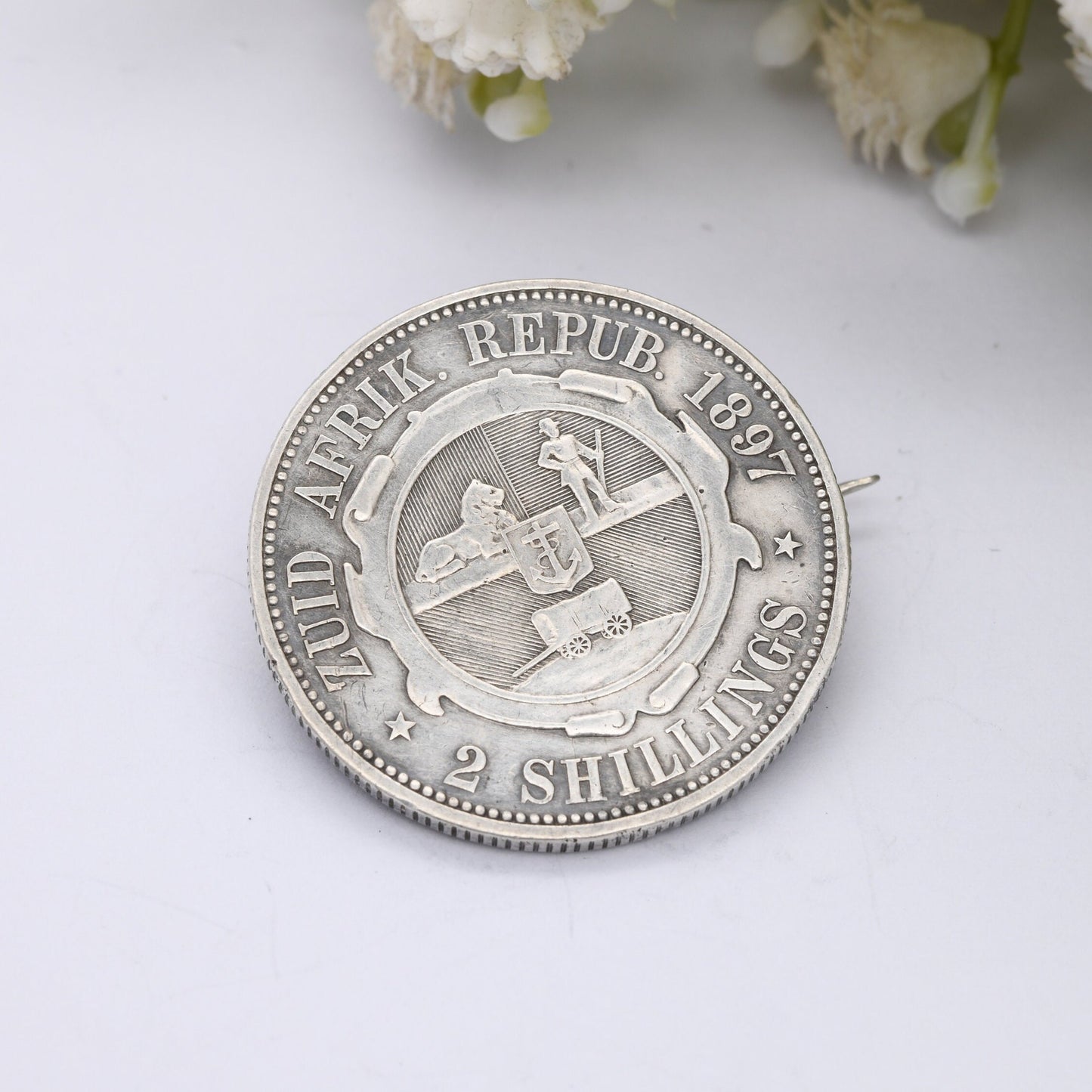 Antique 1897 2 Shillings South Africa Coin Brooch - Johannes Paulus Kruger Zuid Afrikaansche Republiek | Silver Coin Jewellery