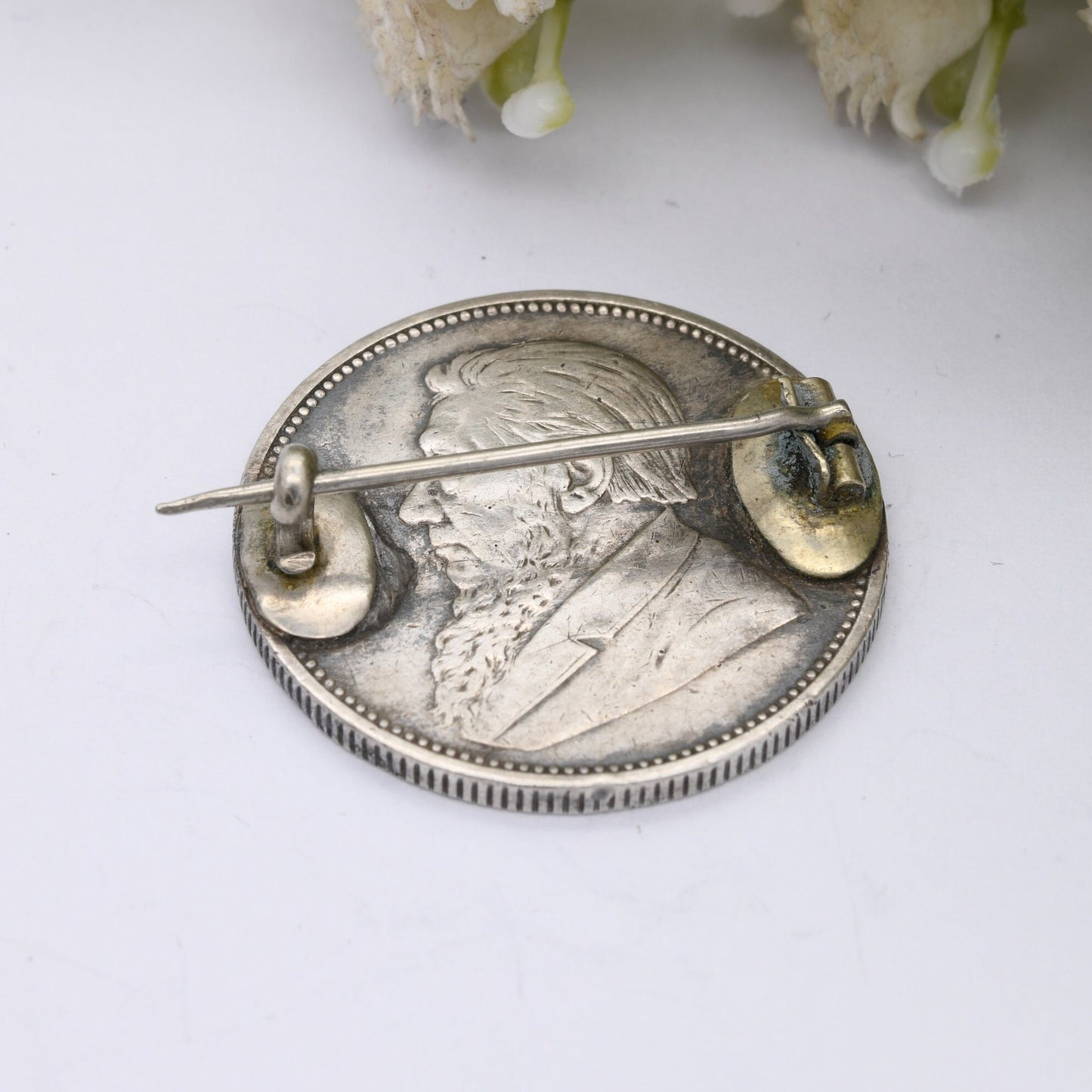 Antique 1897 2 Shillings South Africa Coin Brooch - Johannes Paulus Kruger Zuid Afrikaansche Republiek | Silver Coin Jewellery