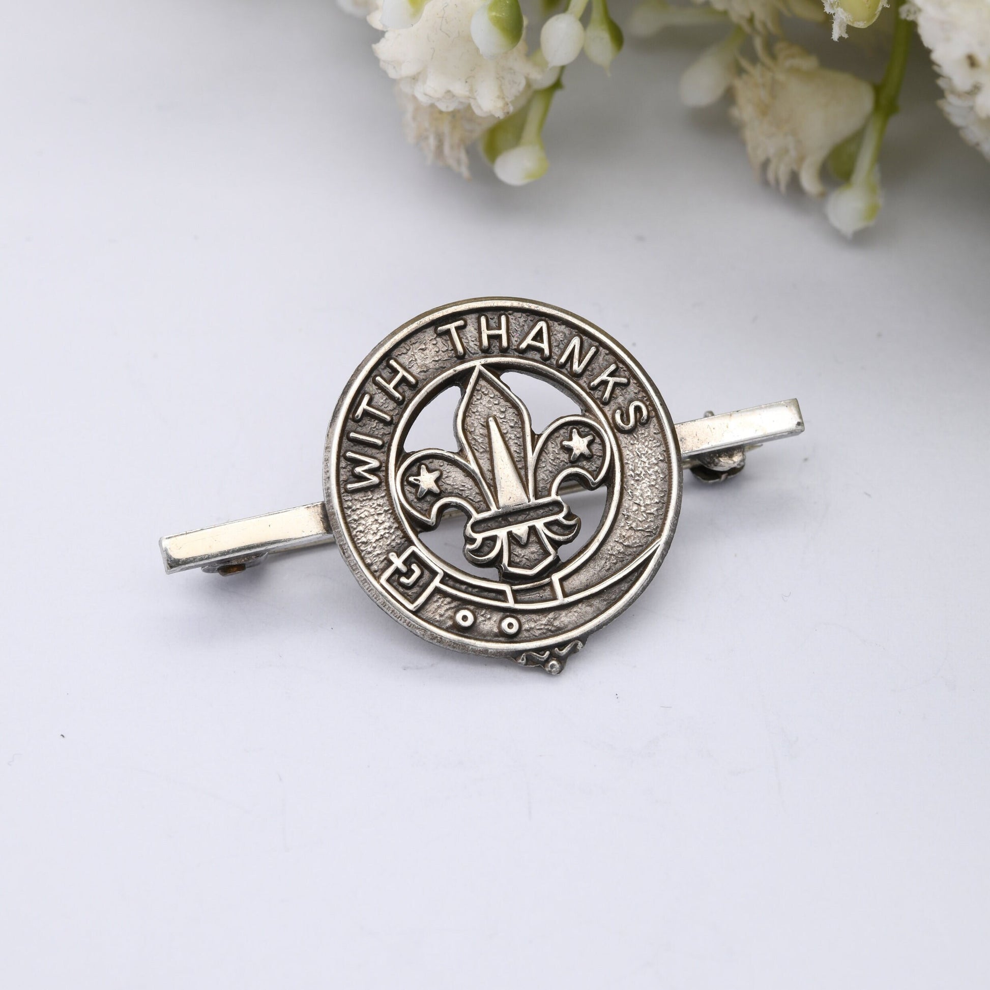 Vintage Sterling Silver Scouts With Thanks Badge 1977 Daniel George Collins DGC - Commemorative Bar Brooch