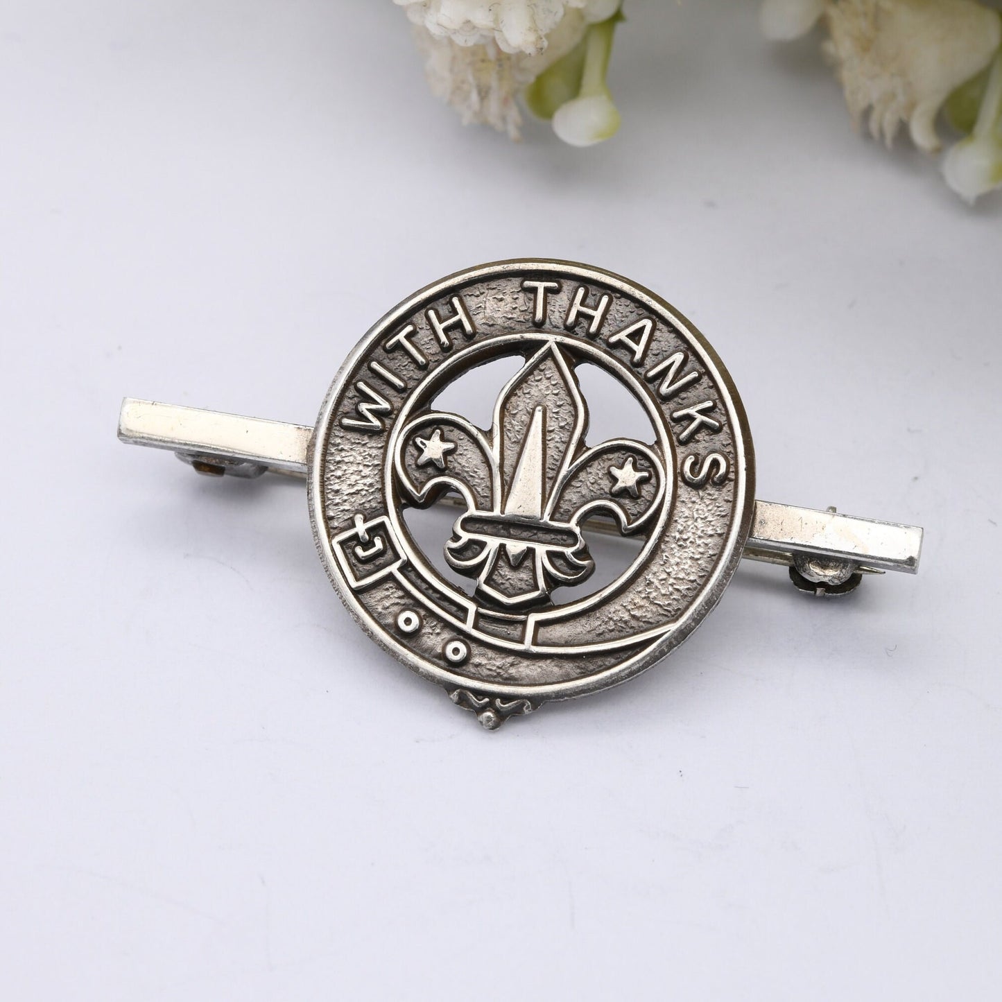 Vintage Sterling Silver Scouts With Thanks Badge 1977 Daniel George Collins DGC - Commemorative Bar Brooch