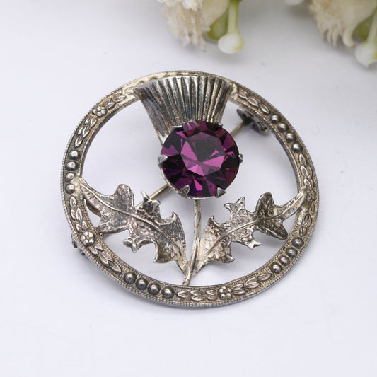 Vintage Ward Brothers Sterling Silver Scottish Thistle Brooch - Purple Amethyst Paste Stone