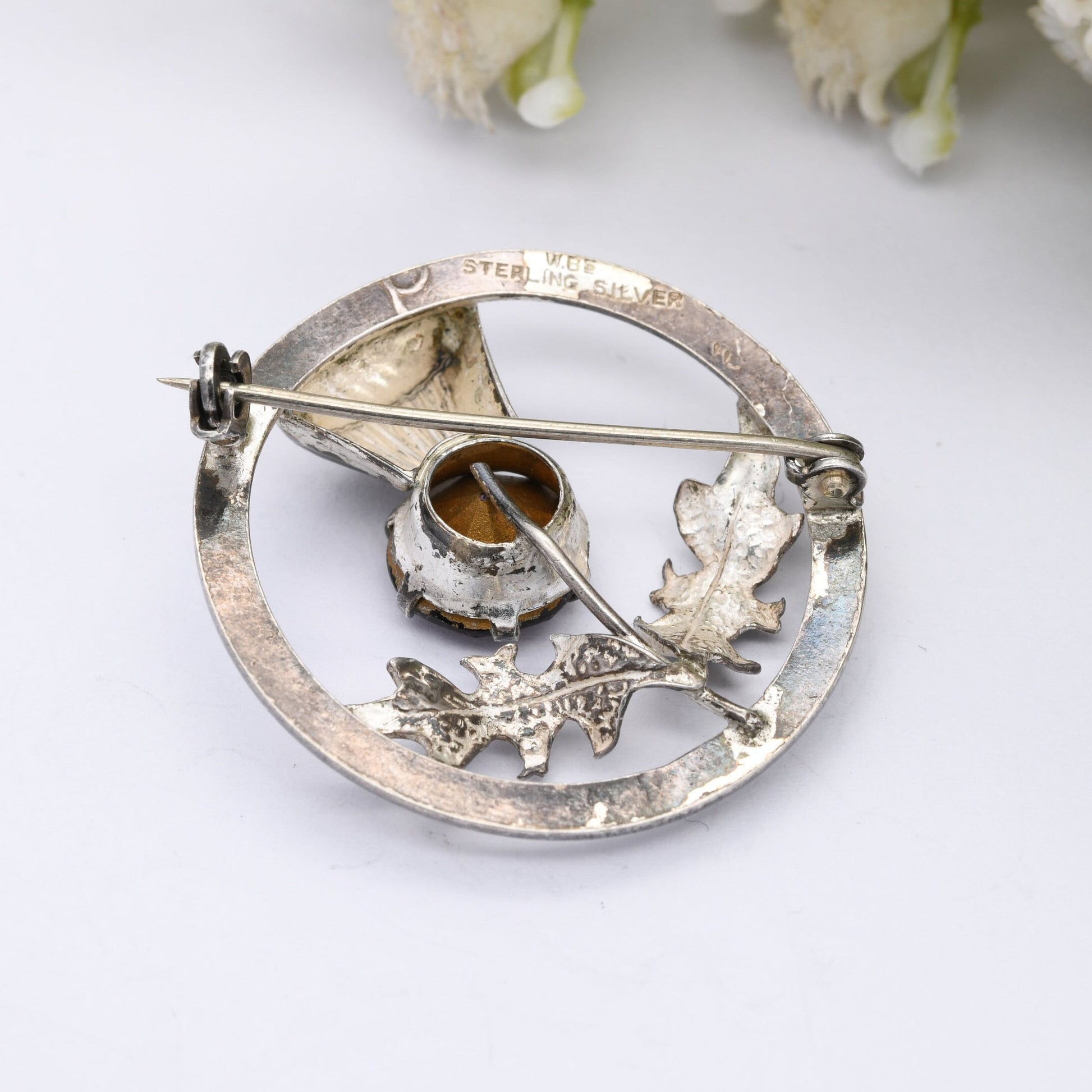 Vintage Ward Brothers Sterling Silver Scottish Thistle Brooch - Purple Amethyst Paste Stone