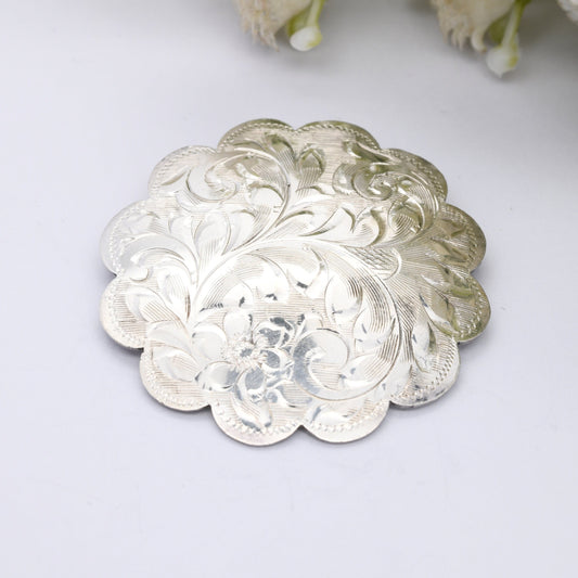 Vintage Sterling Silver Engraved Floral Scrolling Brooch - Floral Victorian Style Jewellery