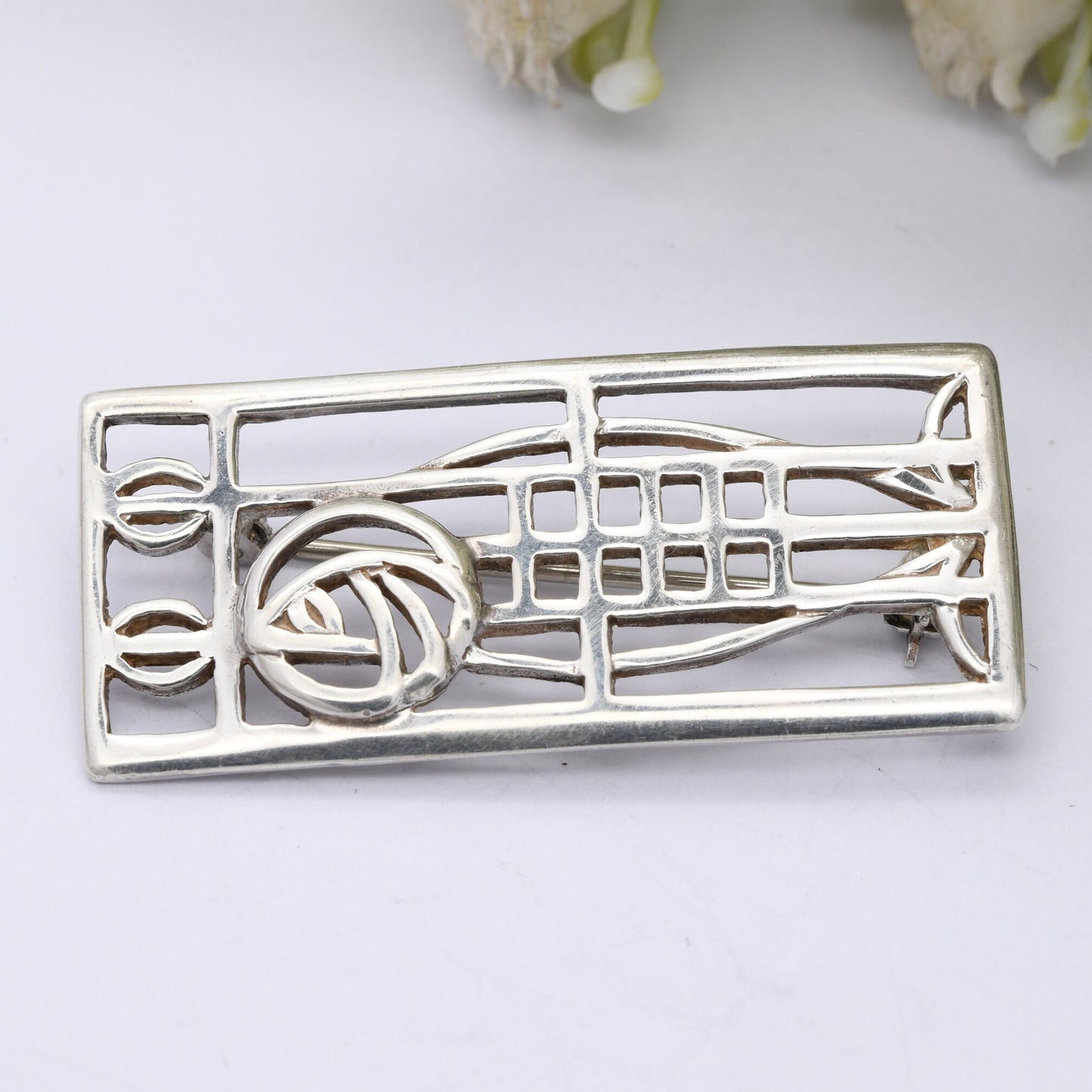 Vintage Scottish Sterling Silver Flower Brooch Carrick CJL 1991 - Mackintosh Stained Glass Window Style | Celtic Rose Design