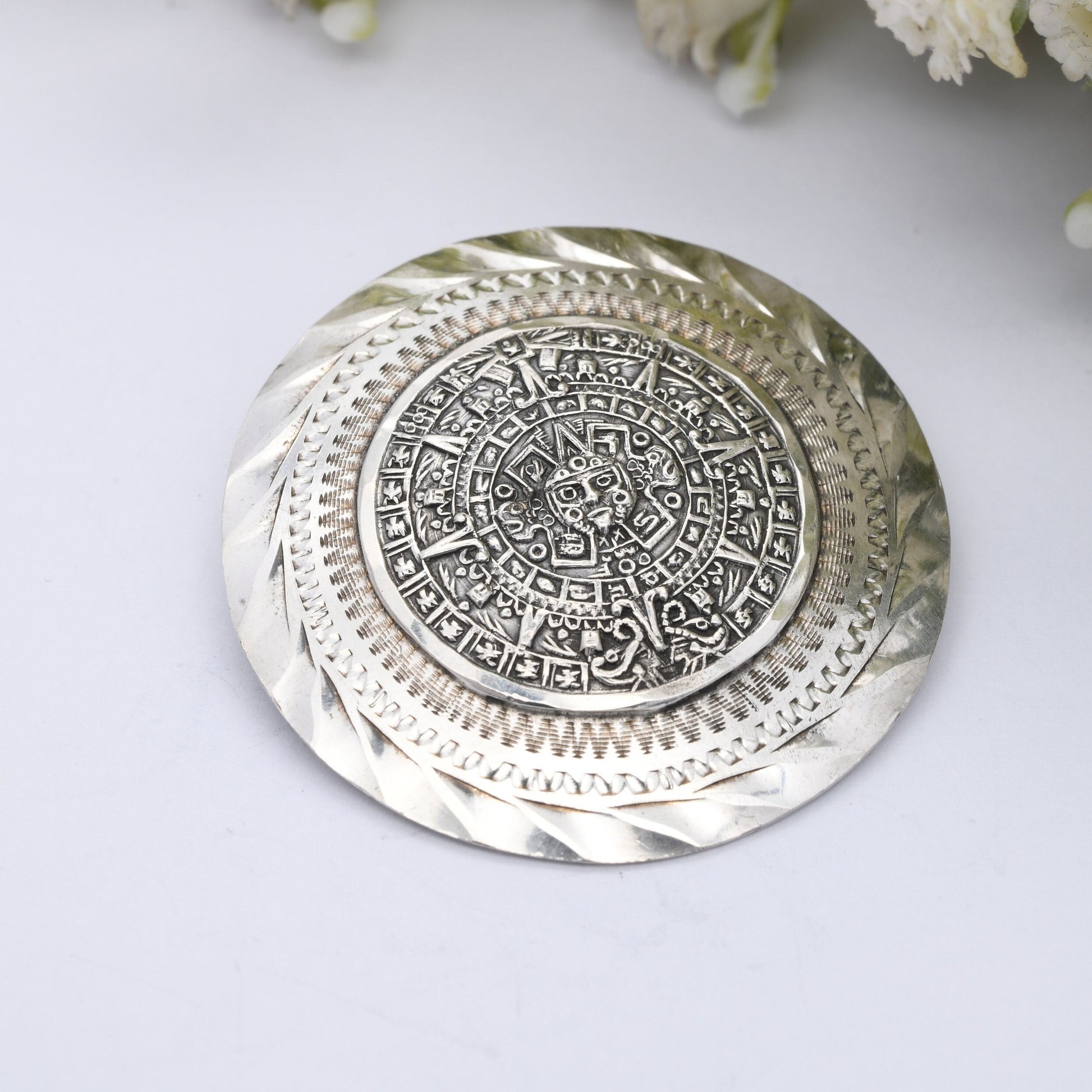 Vintage Mexican Sterling Silver Aztec Sun Stone Brooch Pendant - Hecho En Mexico Signed | Silver Stone Disk | Circular Design