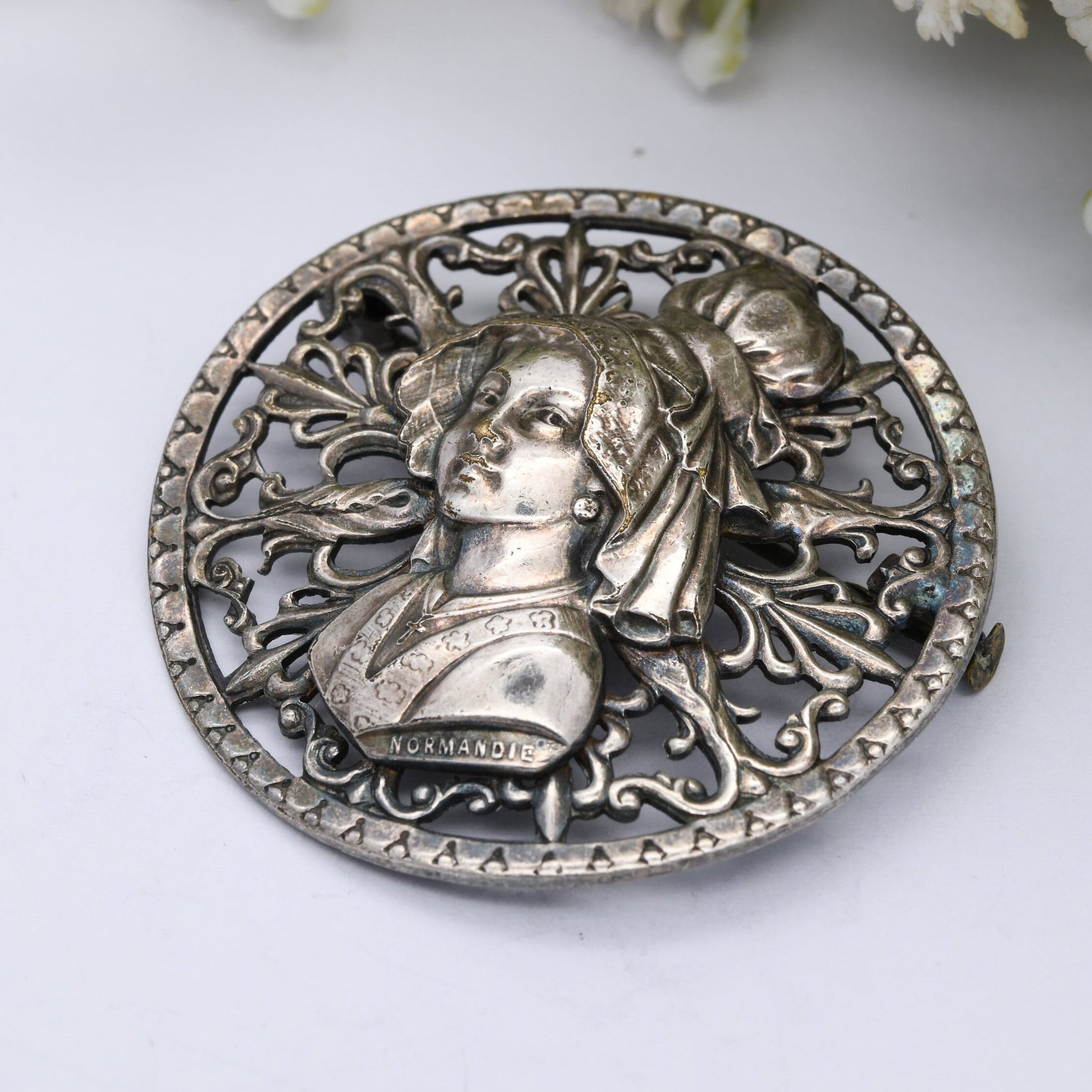 Vintage French Normandie Girl Brooch - Unusual Large Statement Jewellery | Repousse Young Woman's Face