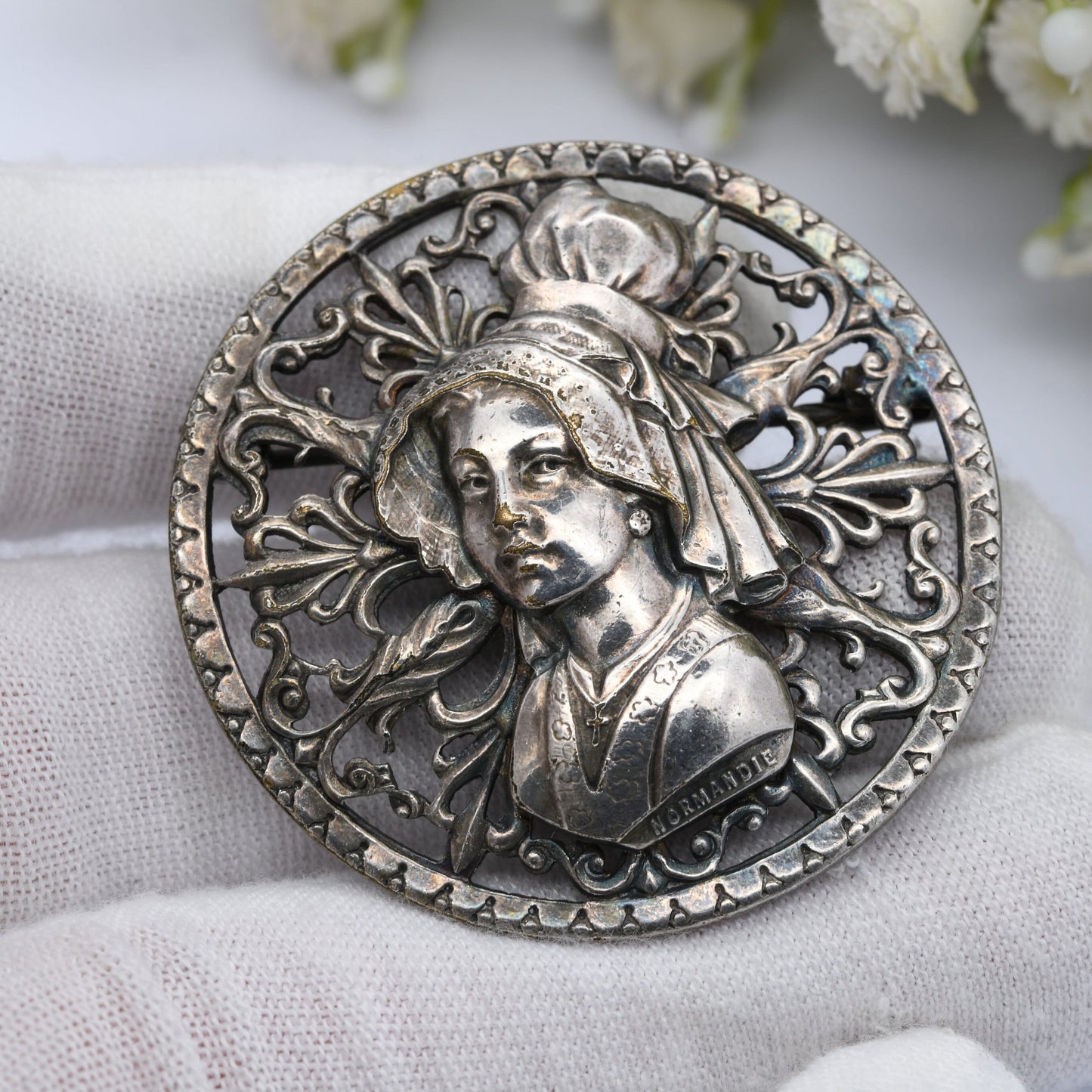 Vintage French Normandie Girl Brooch - Unusual Large Statement Jewellery | Repousse Young Woman's Face