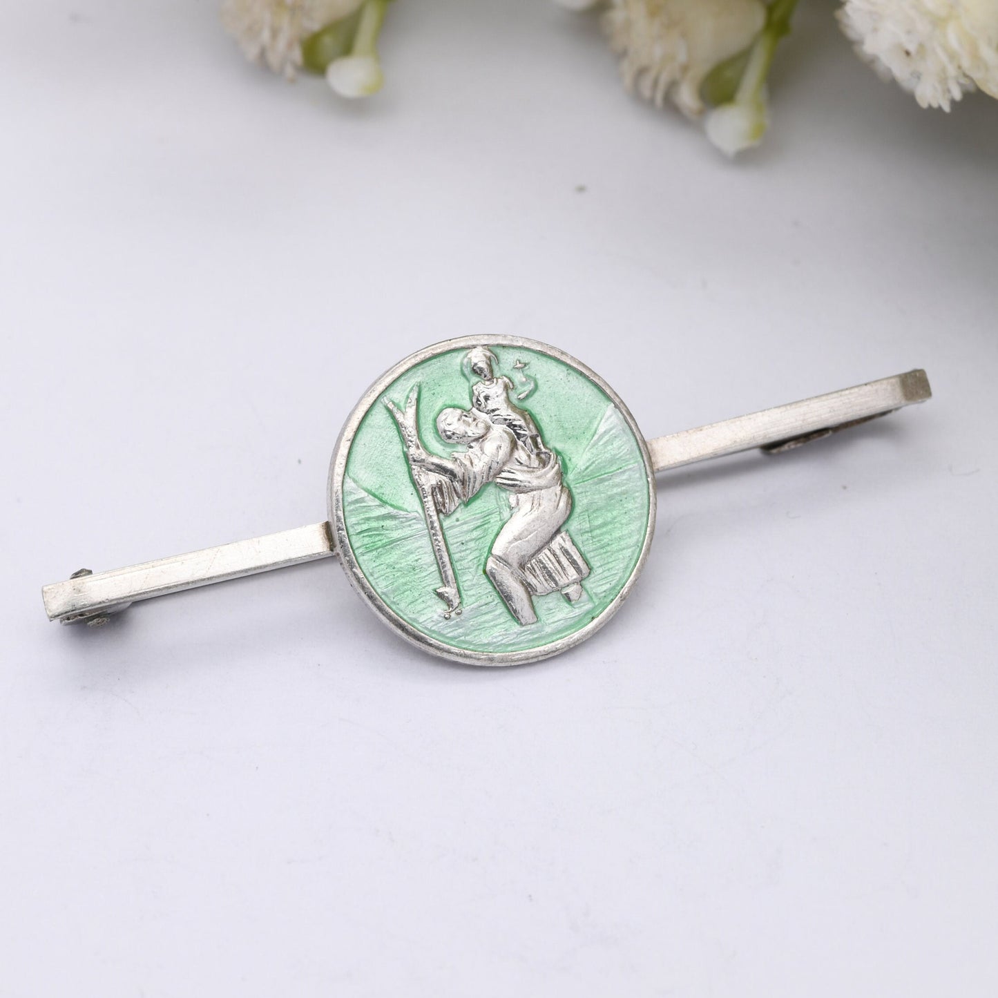 Vintage Sterling Silver Enamel St Christopher Bar Brooch - Saint of Travel | Religious Statement | Green