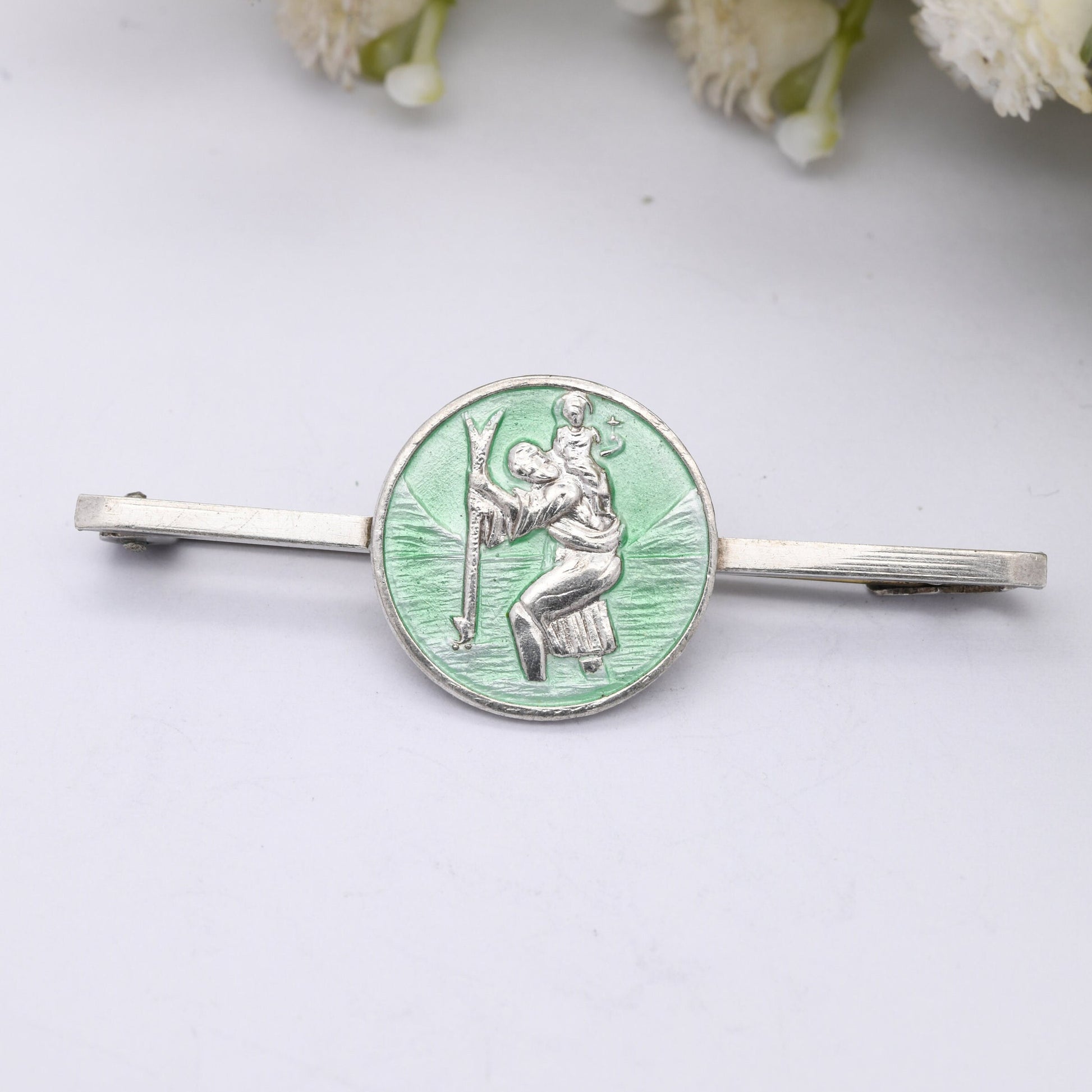 Vintage Sterling Silver Enamel St Christopher Bar Brooch - Saint of Travel | Religious Statement | Green