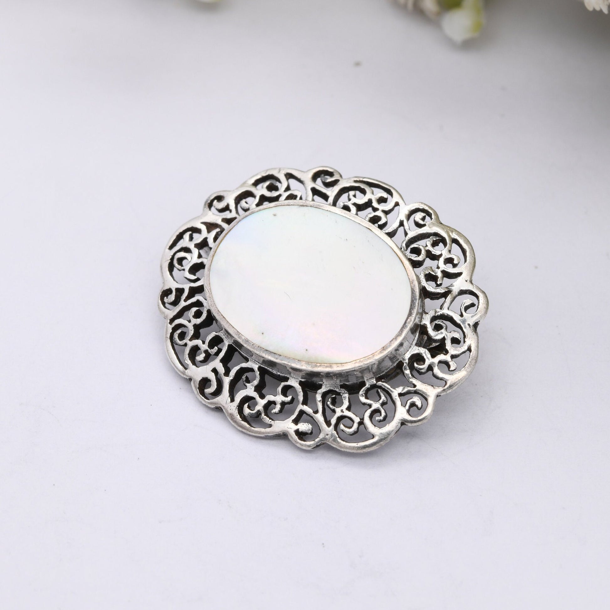 Vintage Sterling Silver Mother of Pearl Brooch - Ornate Scrolling Design | Oval Shape