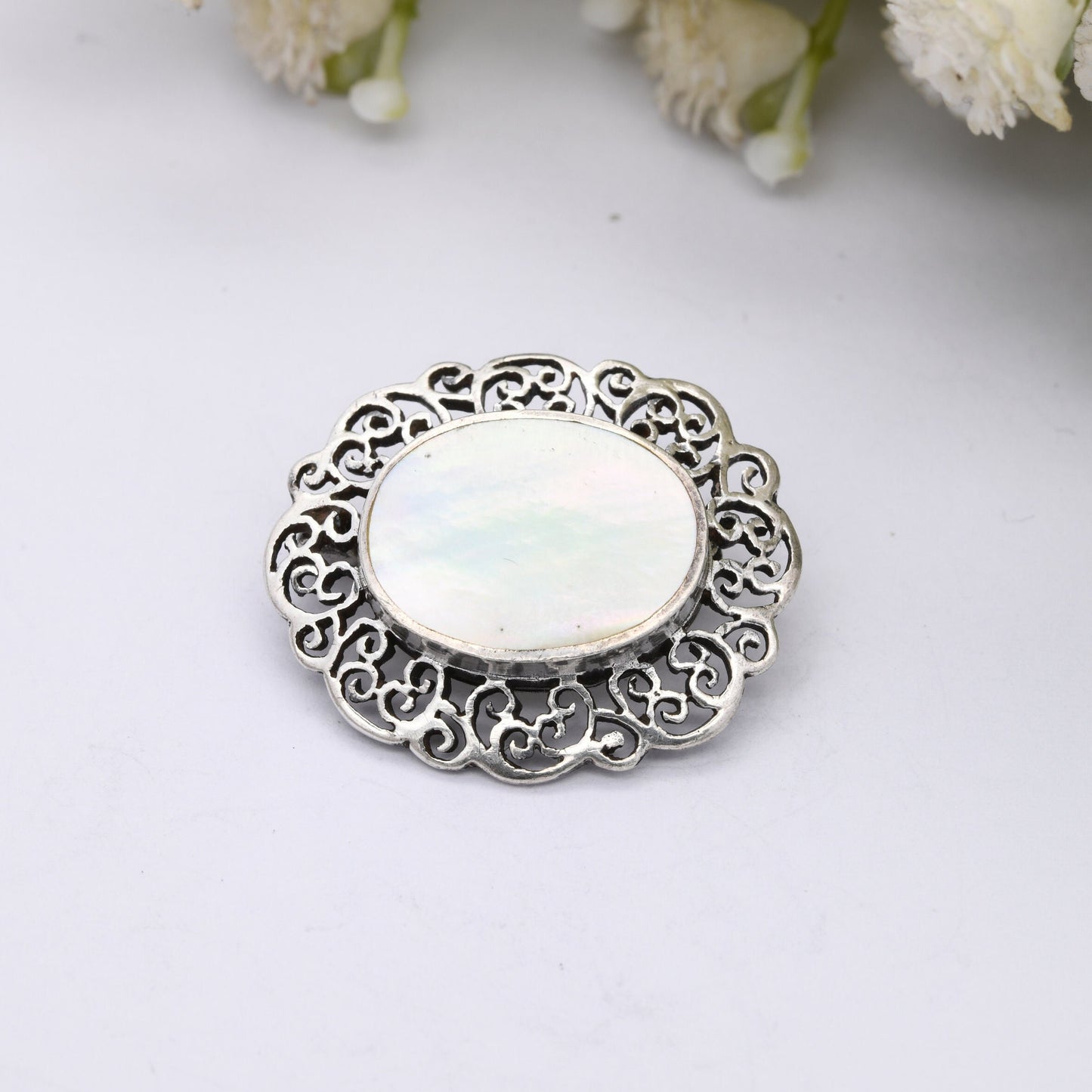 Vintage Sterling Silver Mother of Pearl Brooch - Ornate Scrolling Design | Oval Shape