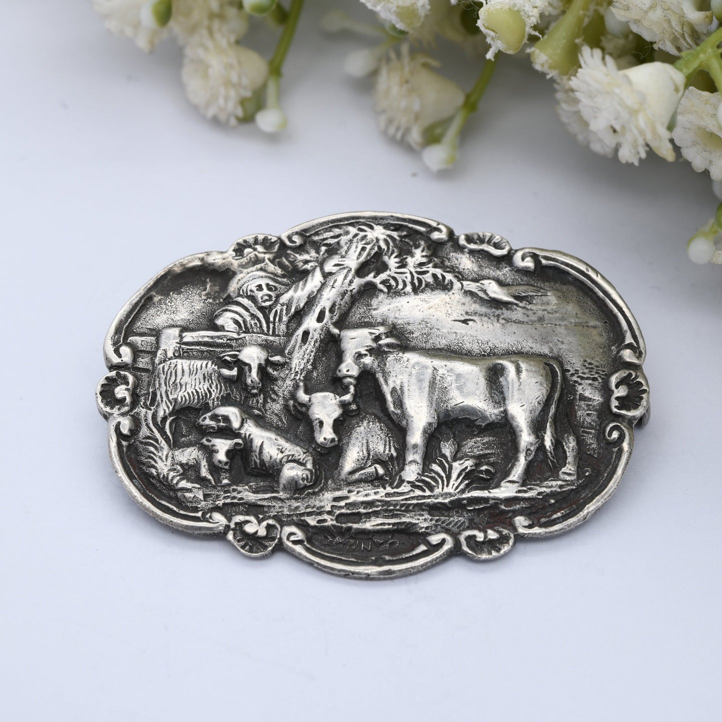 Vintage Dutch Silver Brooch - Cows Under Tree Scene | Netherlands Holland Souvenir Jewellery | Antique Rural Style Scene | Countryside