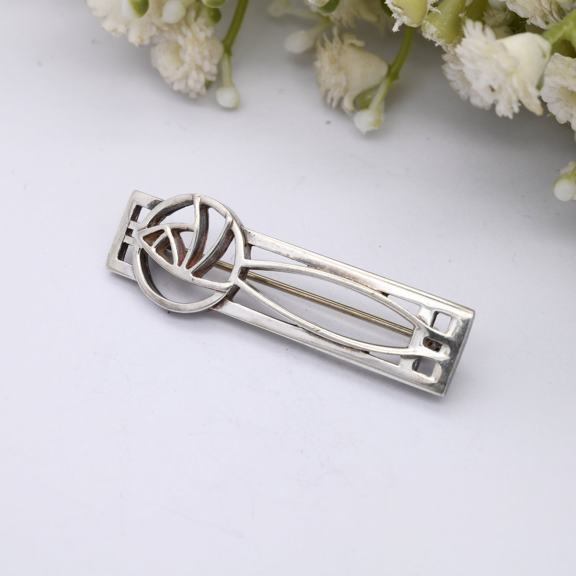 Vintage Carrick Scottish Sterling Silver Glasgow Rose Brooch - Mackintosh Stained Glass Window Style | Celtic Flower Design