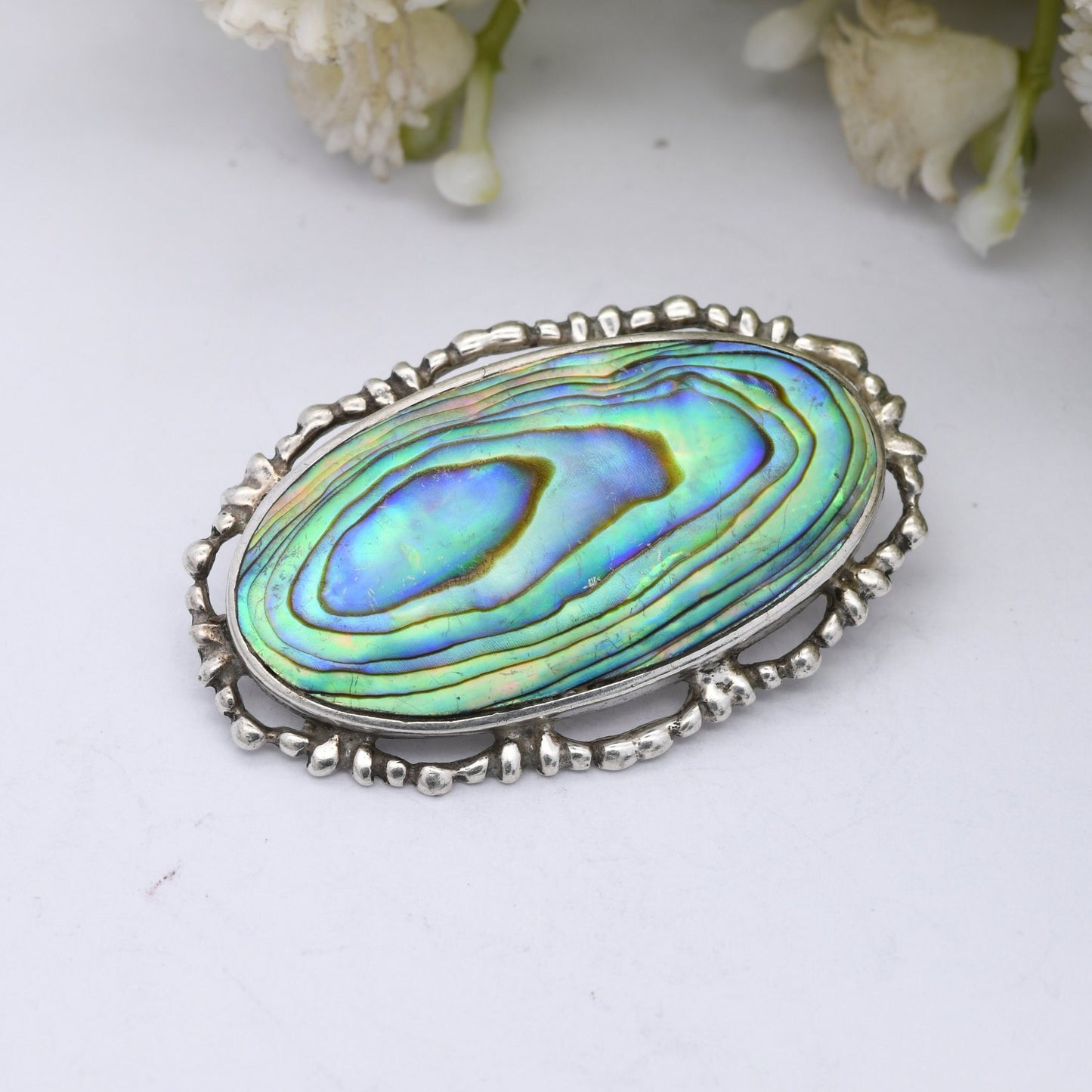 Vintage Sterling Silver Abalone Shell Brooch - Ornate Design | Oval Shape