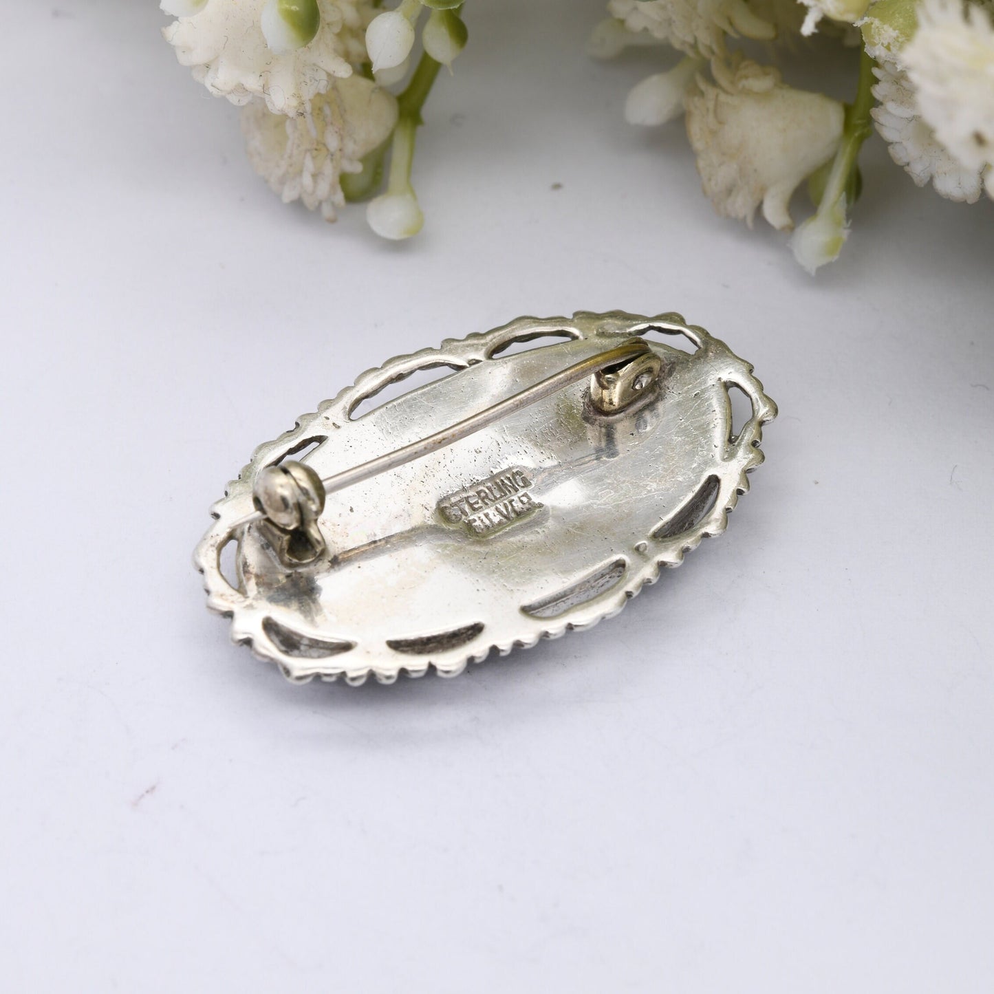 Vintage Sterling Silver Abalone Shell Brooch - Ornate Design | Oval Shape