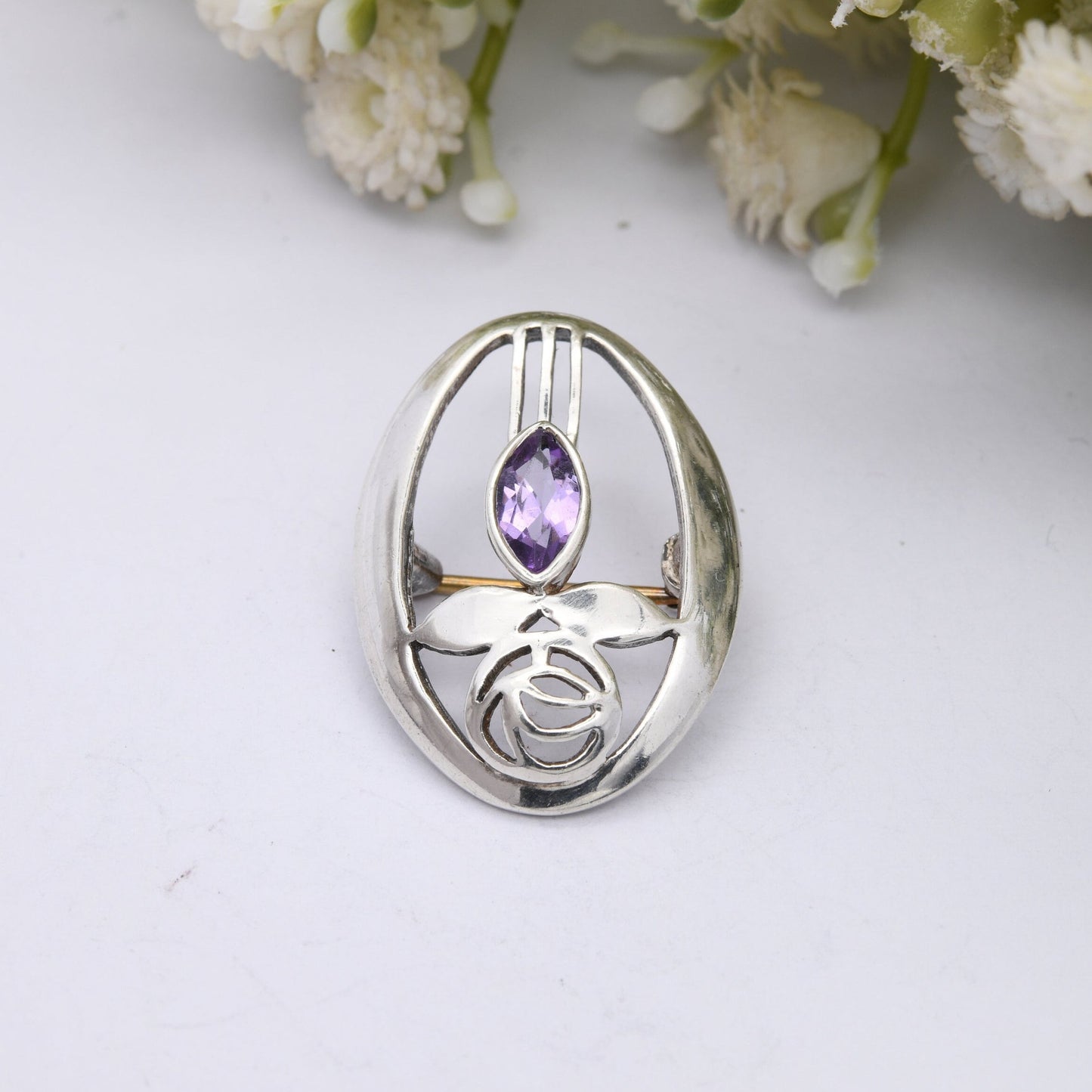 Vintage Scottish Sterling Silver Amethyst Glasgow Rose Brooch - Mackintosh Stained Glass Window Style | Celtic Flower Design