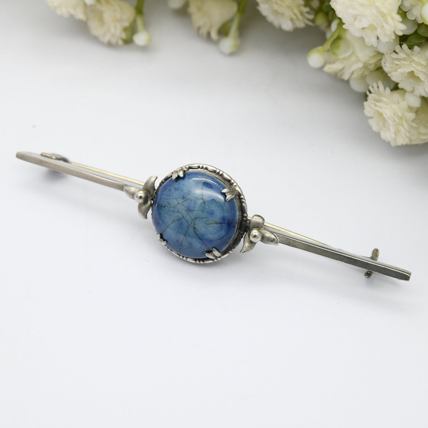 Antique Arts and Crafts Sterling Silver Bar Brooch with Glazed Blue Ceramic