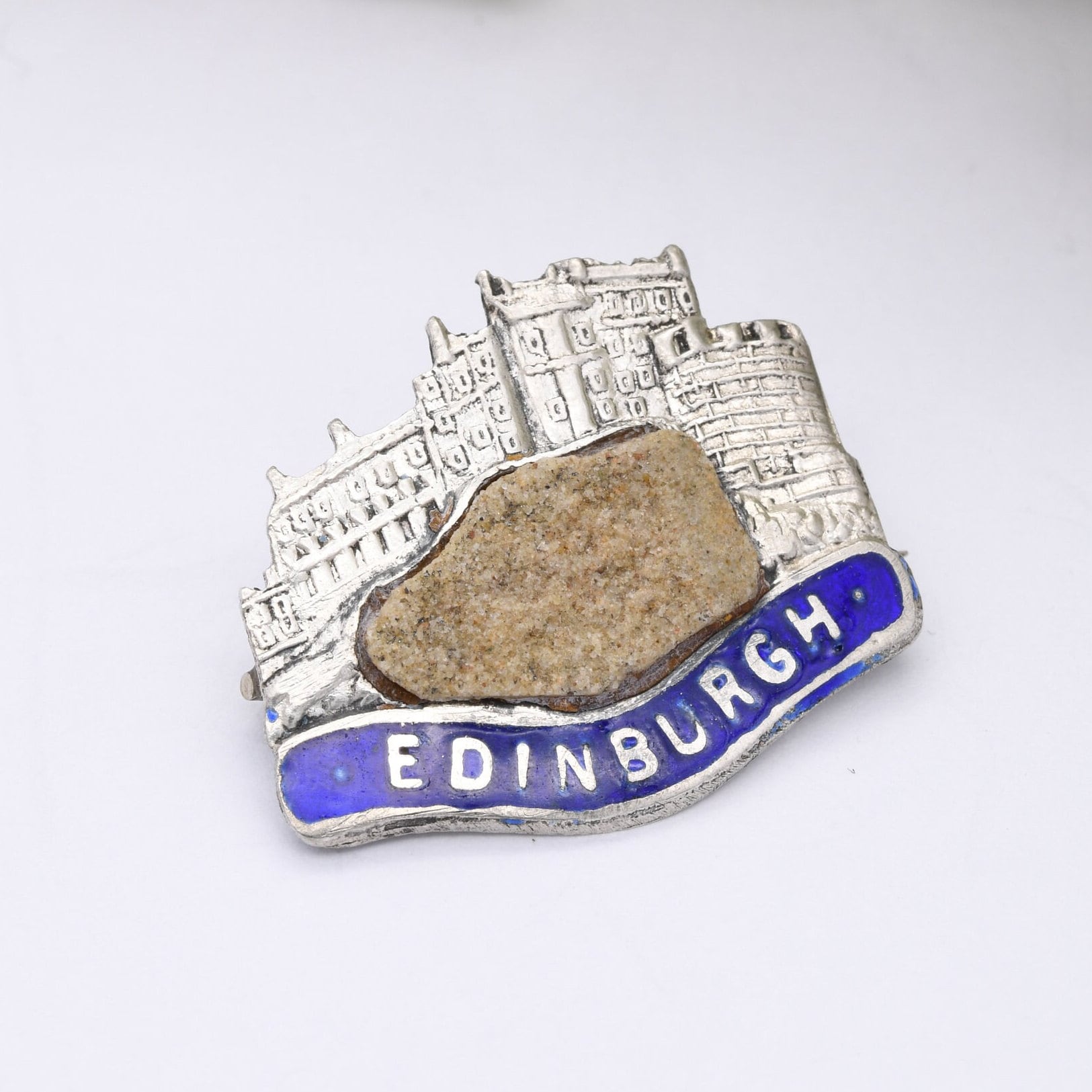 Vintage Edinburgh Castle Sterling Silver Souvenir Brooch with Scottish Stone and Blue Enamel