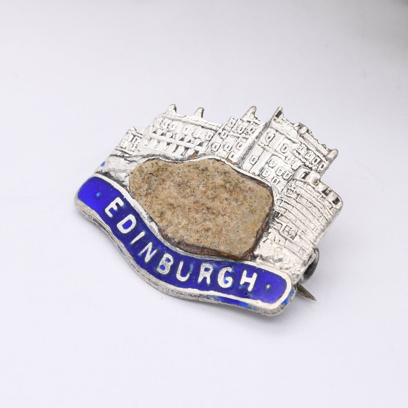 Vintage Edinburgh Castle Sterling Silver Souvenir Brooch with Scottish Stone and Blue Enamel