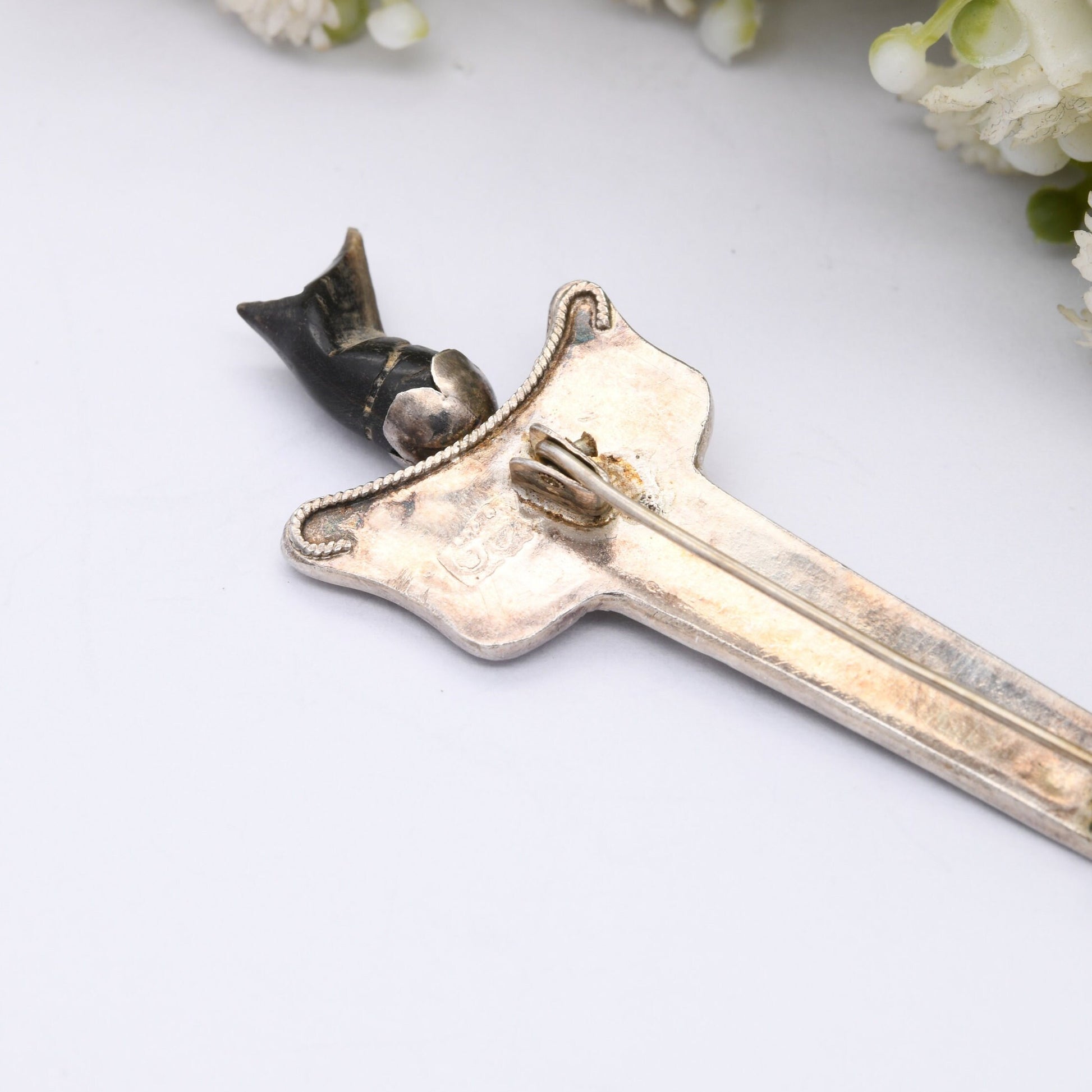 Vintage Filigree Silver and Horn Dagger Brooch Kris Keris - with Arabic Marks