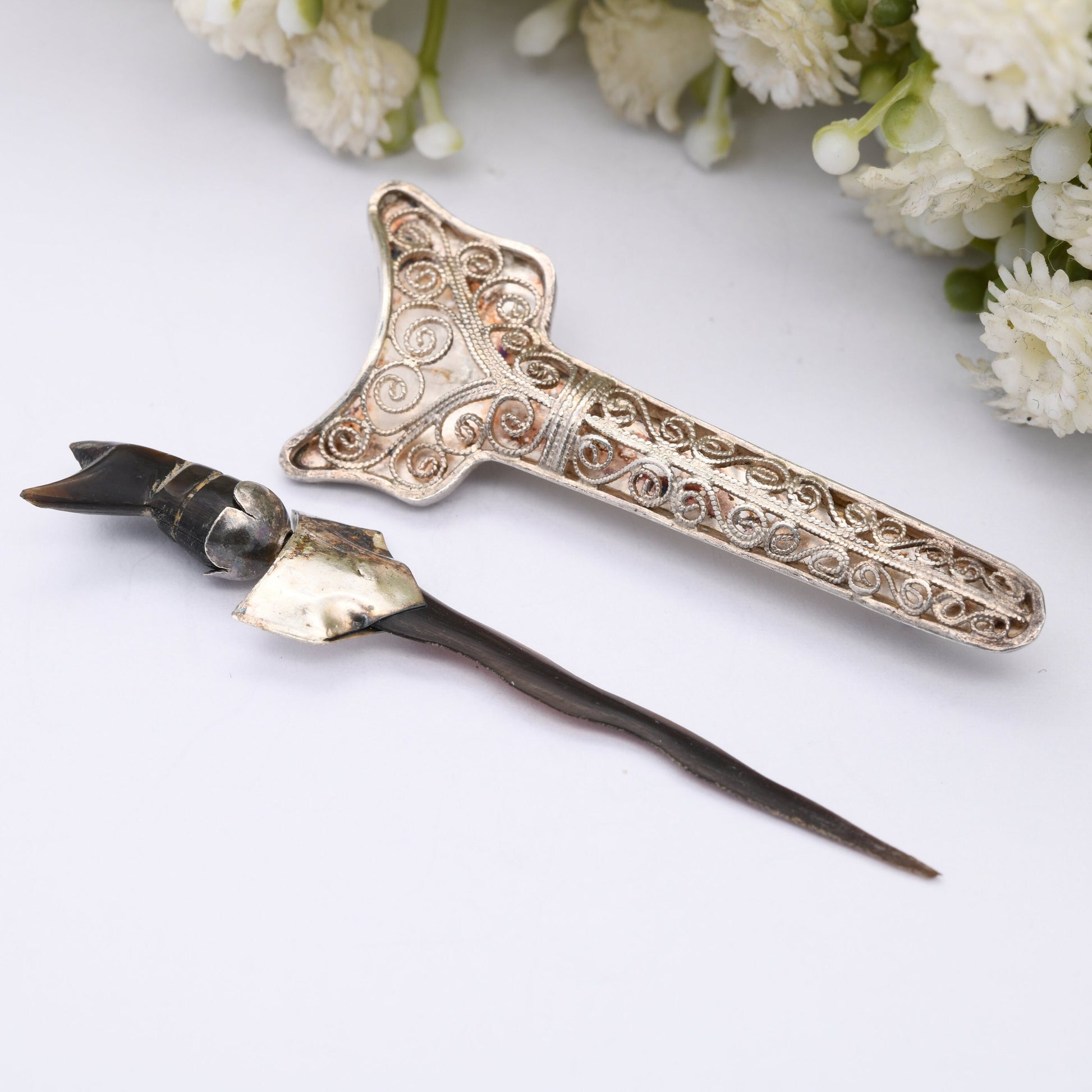 Vintage Filigree Silver and Horn Dagger Brooch Kris Keris - with Arabic Marks