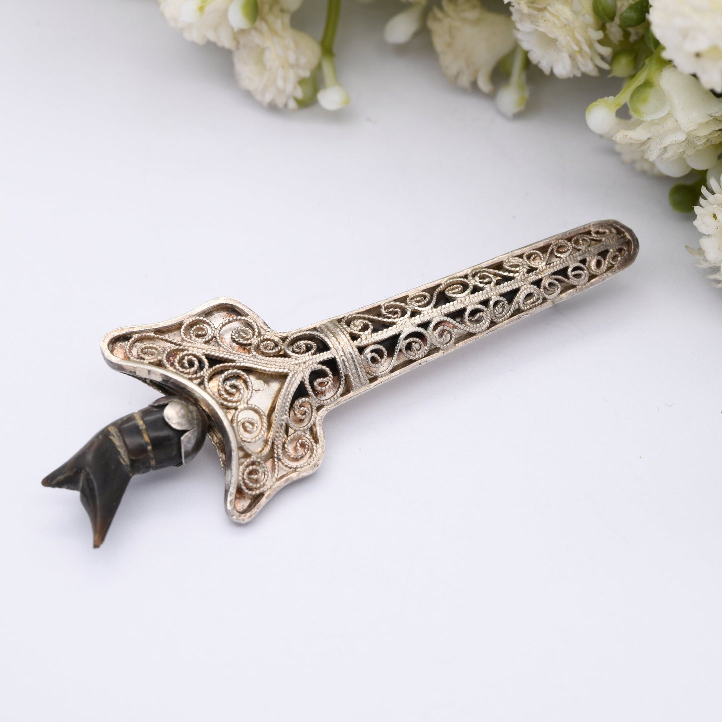 Vintage Filigree Silver and Horn Dagger Brooch Kris Keris - with Arabic Marks