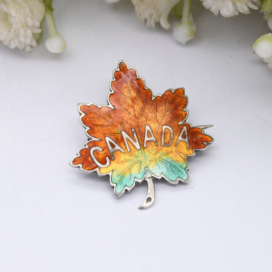 Antique Adie & Lovekin Sterling Silver Canada Maple Leaf Brooch - Green to Orange Enamel Gradient | Chester Hallmarks