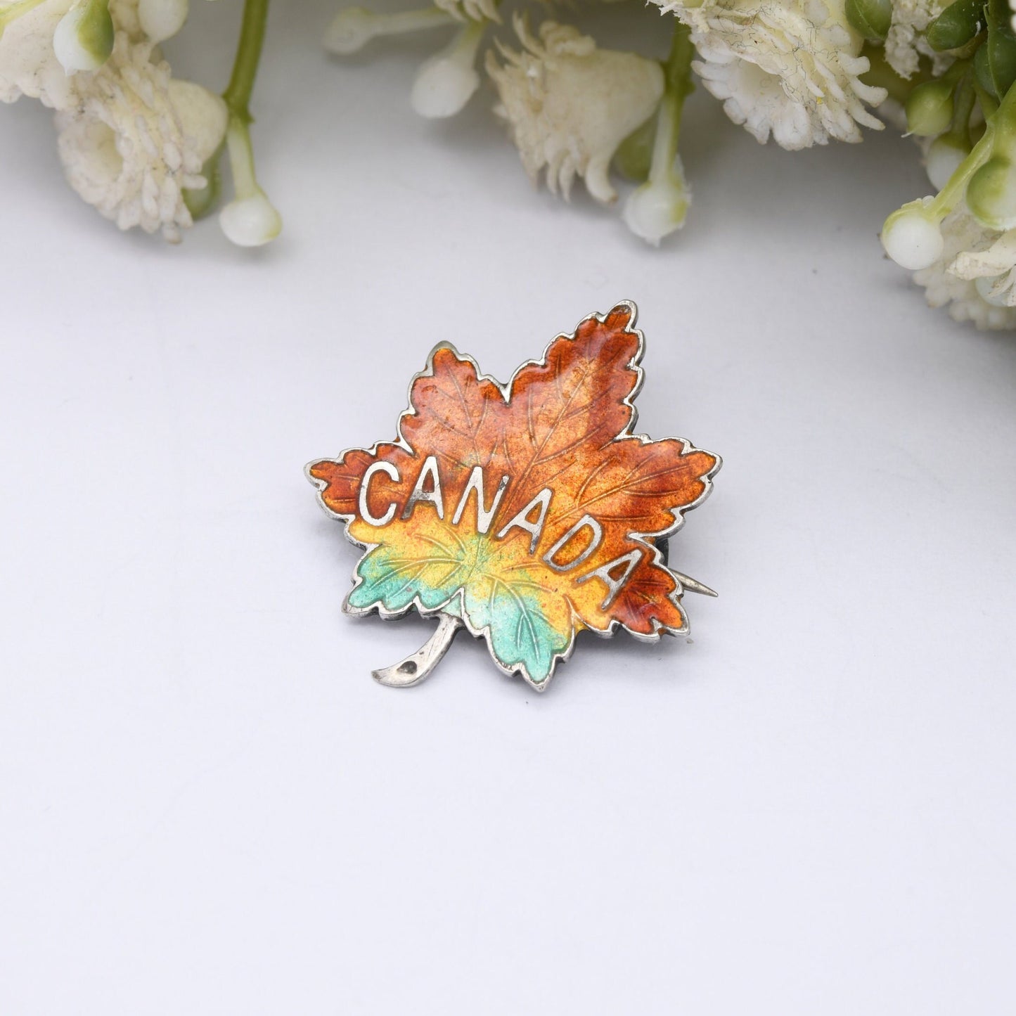 Antique Adie & Lovekin Sterling Silver Canada Maple Leaf Brooch - Green to Orange Enamel Gradient | Chester Hallmarks