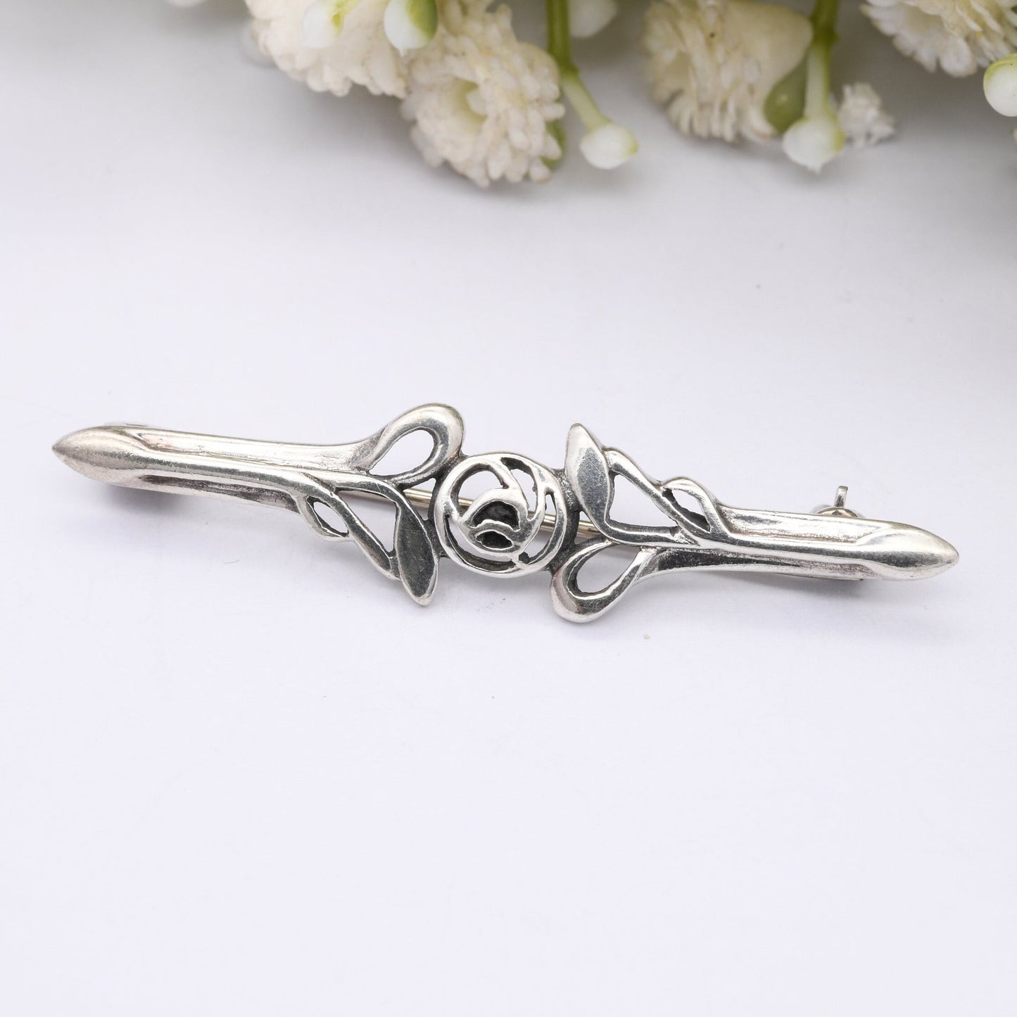 Vintage Kit Heath Sterling Silver Celtic Rose Bar Brooch - Mackintosh Style | Glasgow Rose Flower Design