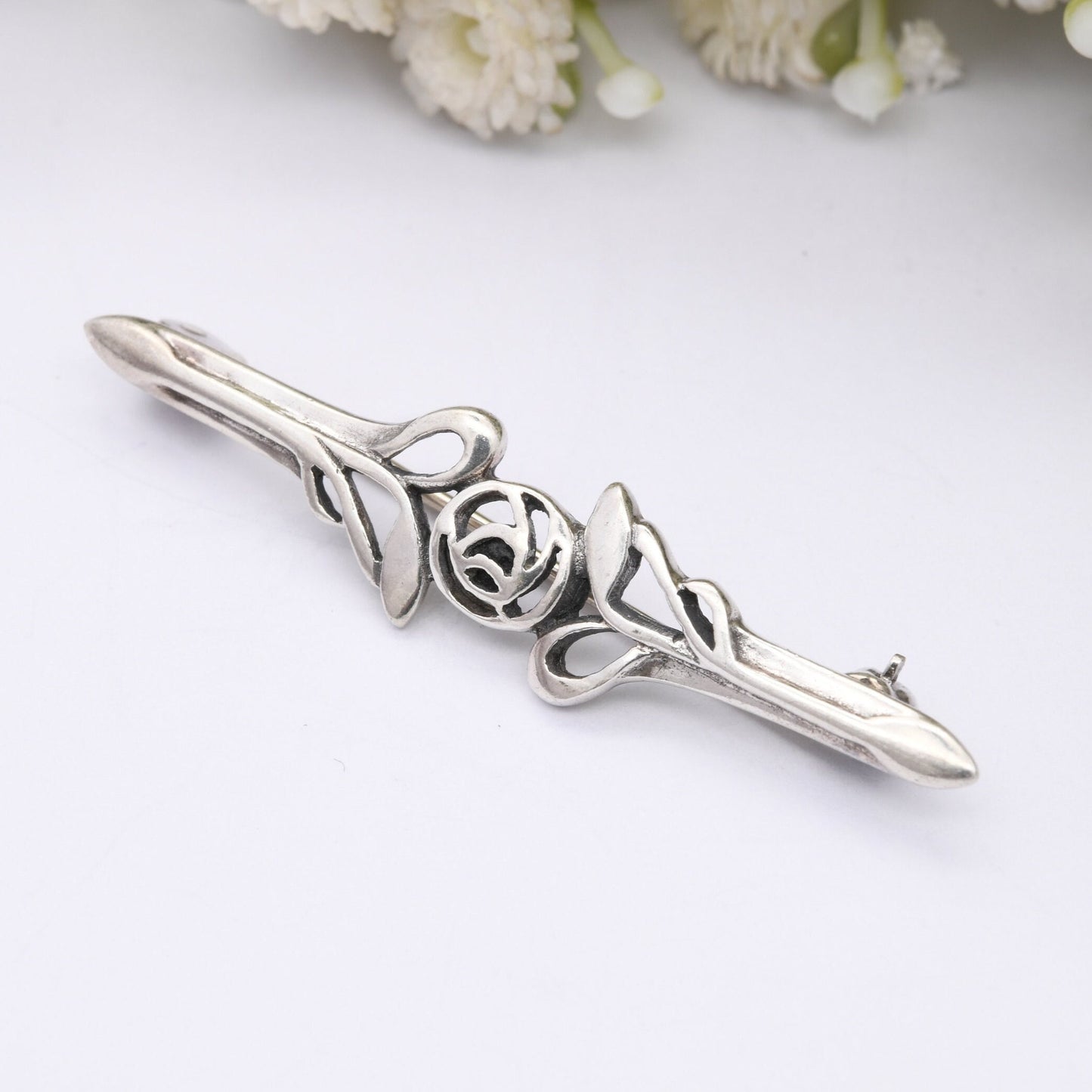 Vintage Kit Heath Sterling Silver Celtic Rose Bar Brooch - Mackintosh Style | Glasgow Rose Flower Design