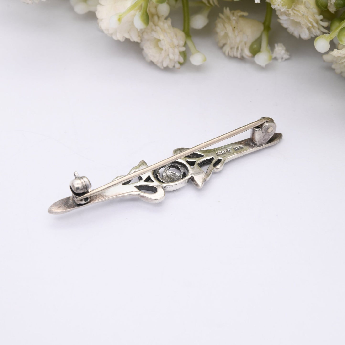 Vintage Kit Heath Sterling Silver Celtic Rose Bar Brooch - Mackintosh Style | Glasgow Rose Flower Design