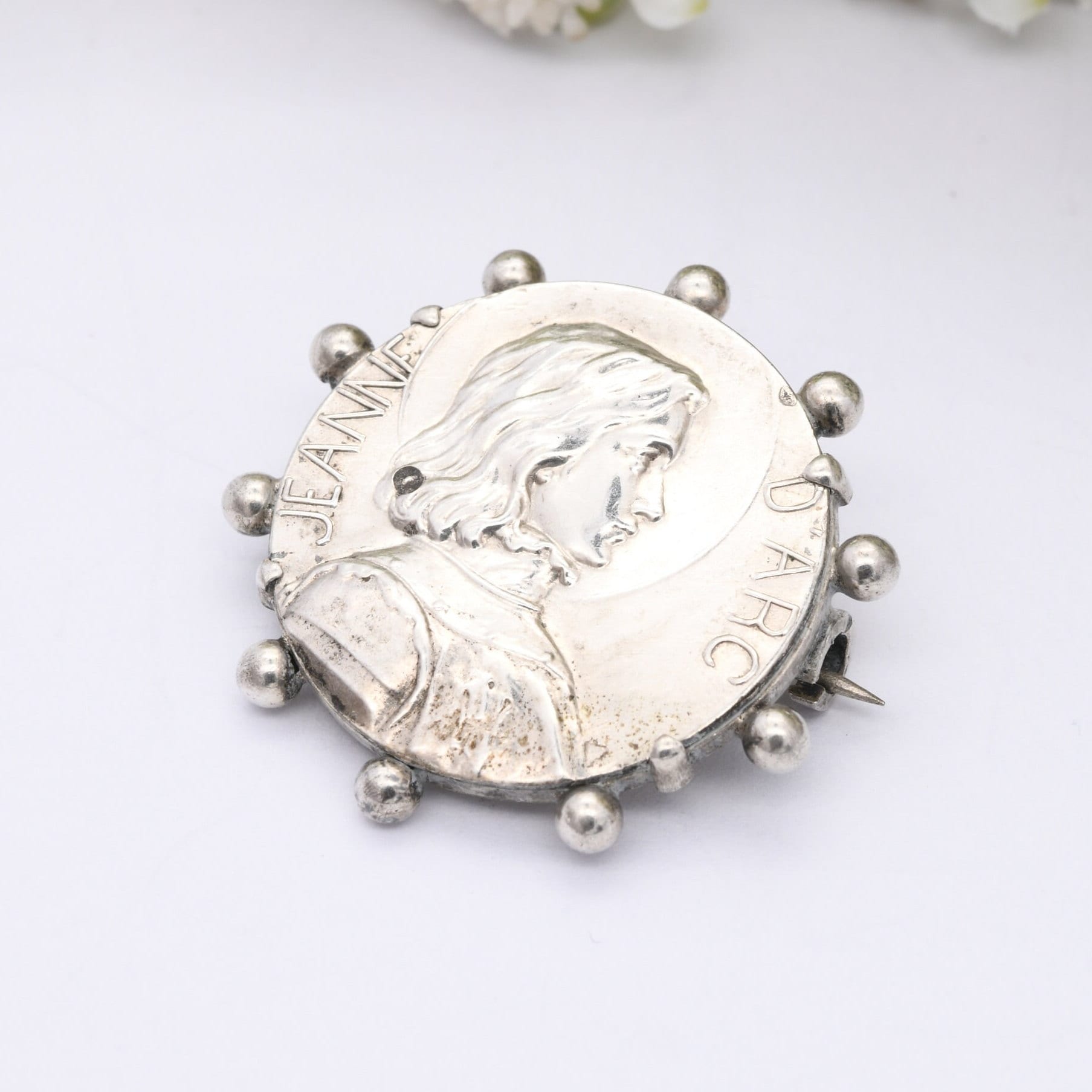 Antique Joan of Arc French Silver Brooch - Patron Saint of France | Jeanne d'Arc Token | with Granulated Edge