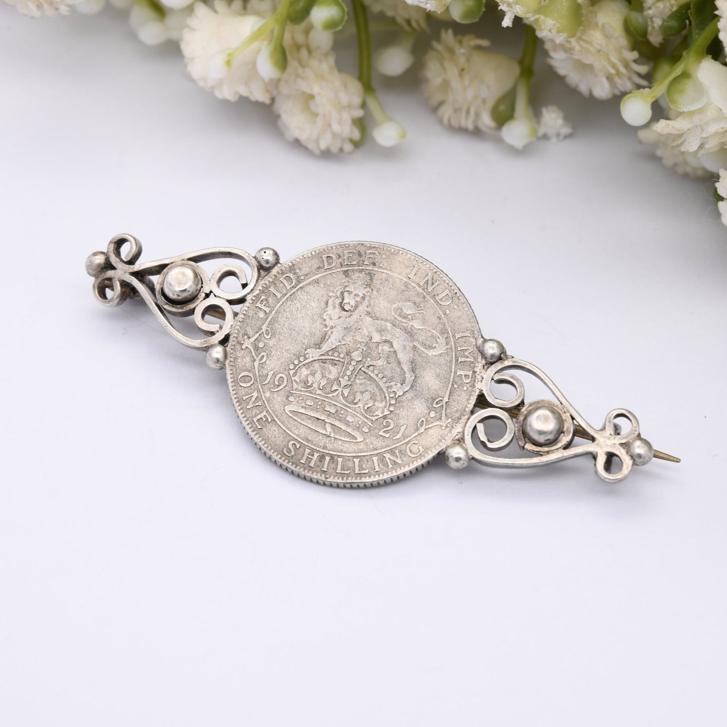 Antique Silver George V 1921 One Shilling Coin Brooch - Unusual Ornate Mount | Silver Coin Jewellery