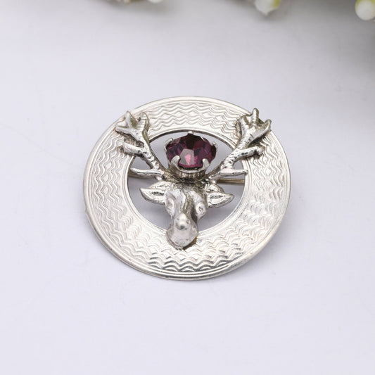 Vintage Ward Brothers Sterling Silver Scottish Stag Brooch - Purple Paste Stone | Deer with Antlers