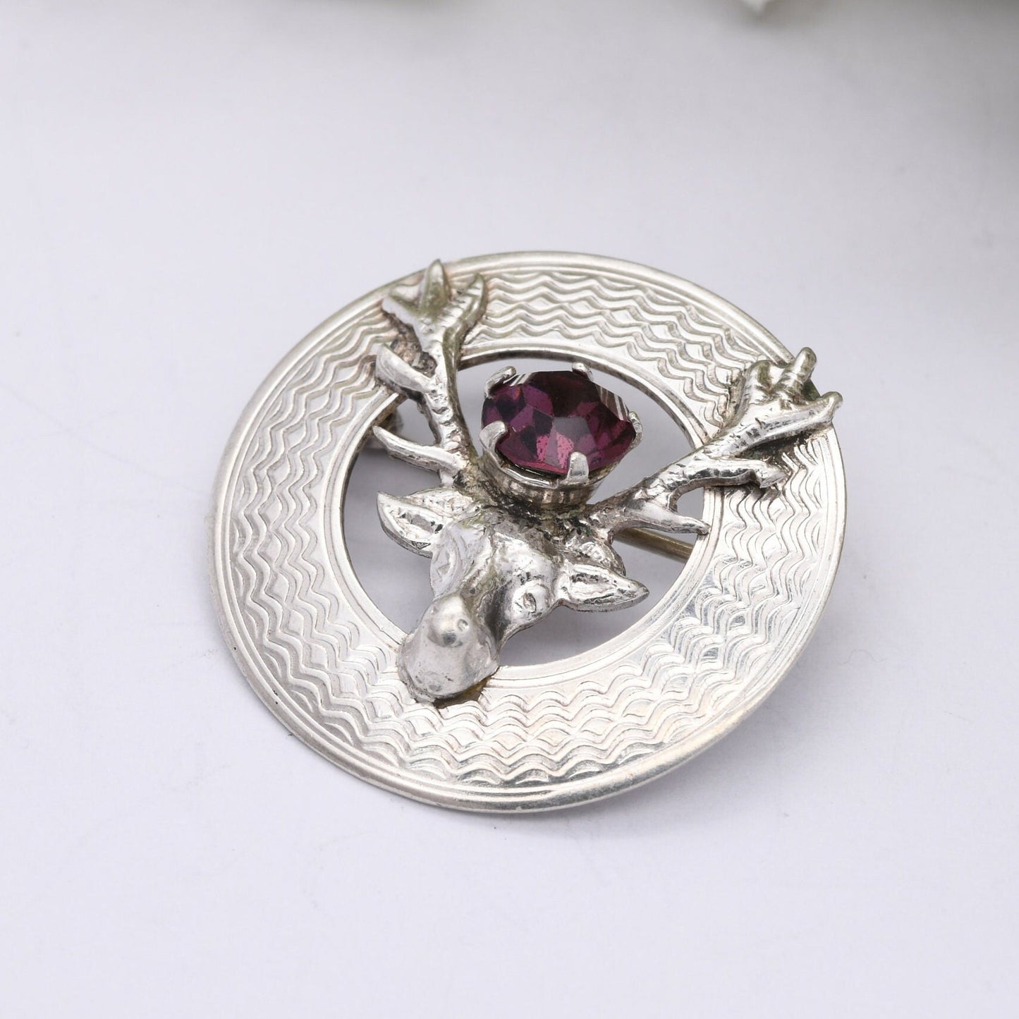 Vintage Ward Brothers Sterling Silver Scottish Stag Brooch - Purple Paste Stone | Deer with Antlers