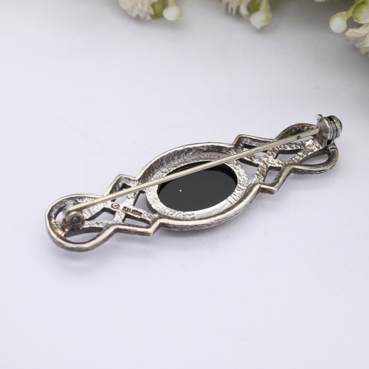 Vintage Sterling Silver Onyx Celtic Malcolm Gray Brooch - Bar Brooch | Woven | MG | Ortak