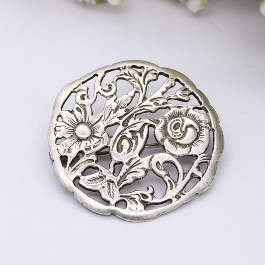 Vintage Sterling Silver Openwork Flower Brooch - Floral Cut Out Design | Victorian Style