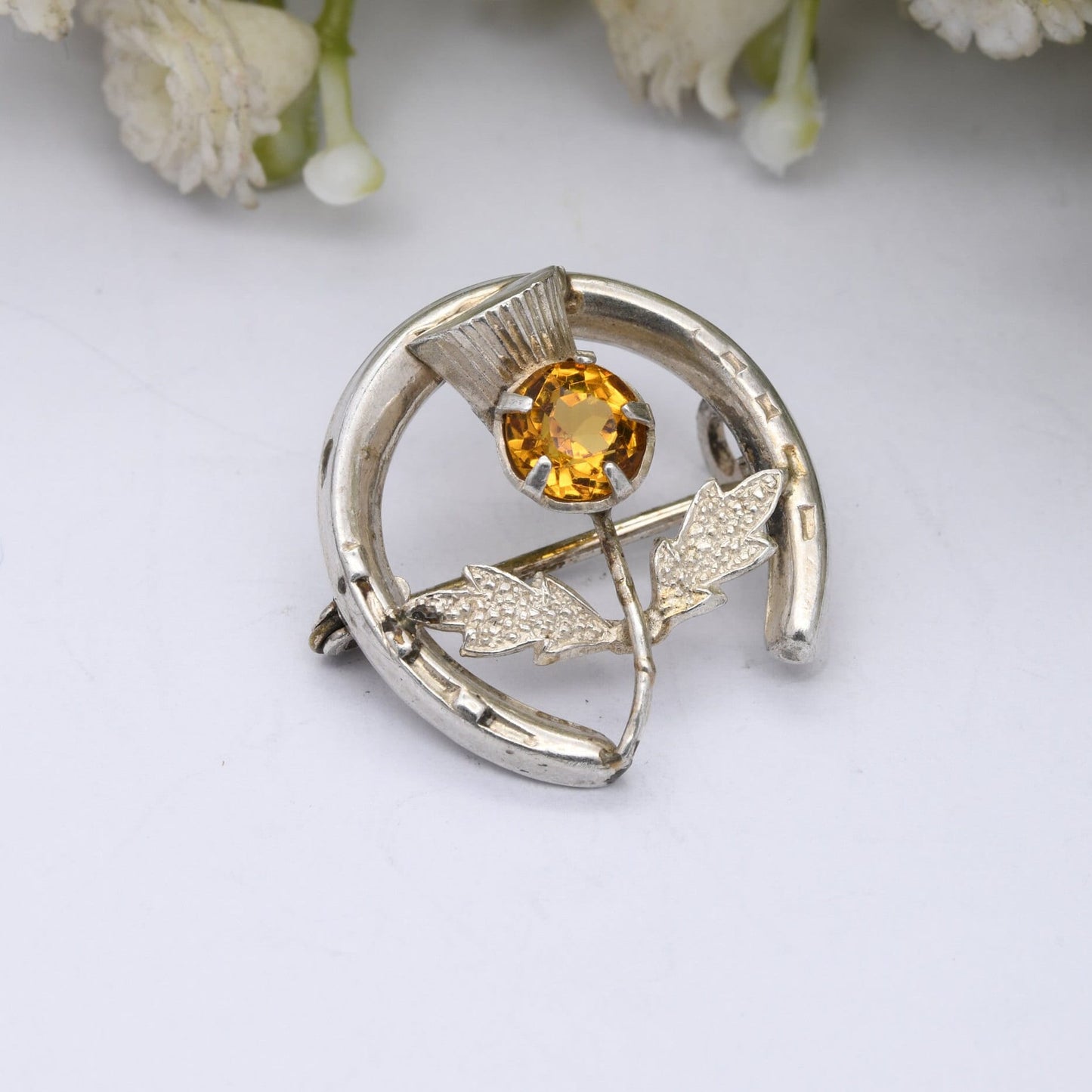 Vintage Ward Brothers Sterling Silver Scottish Thistle Brooch - Citrine Paste Stone